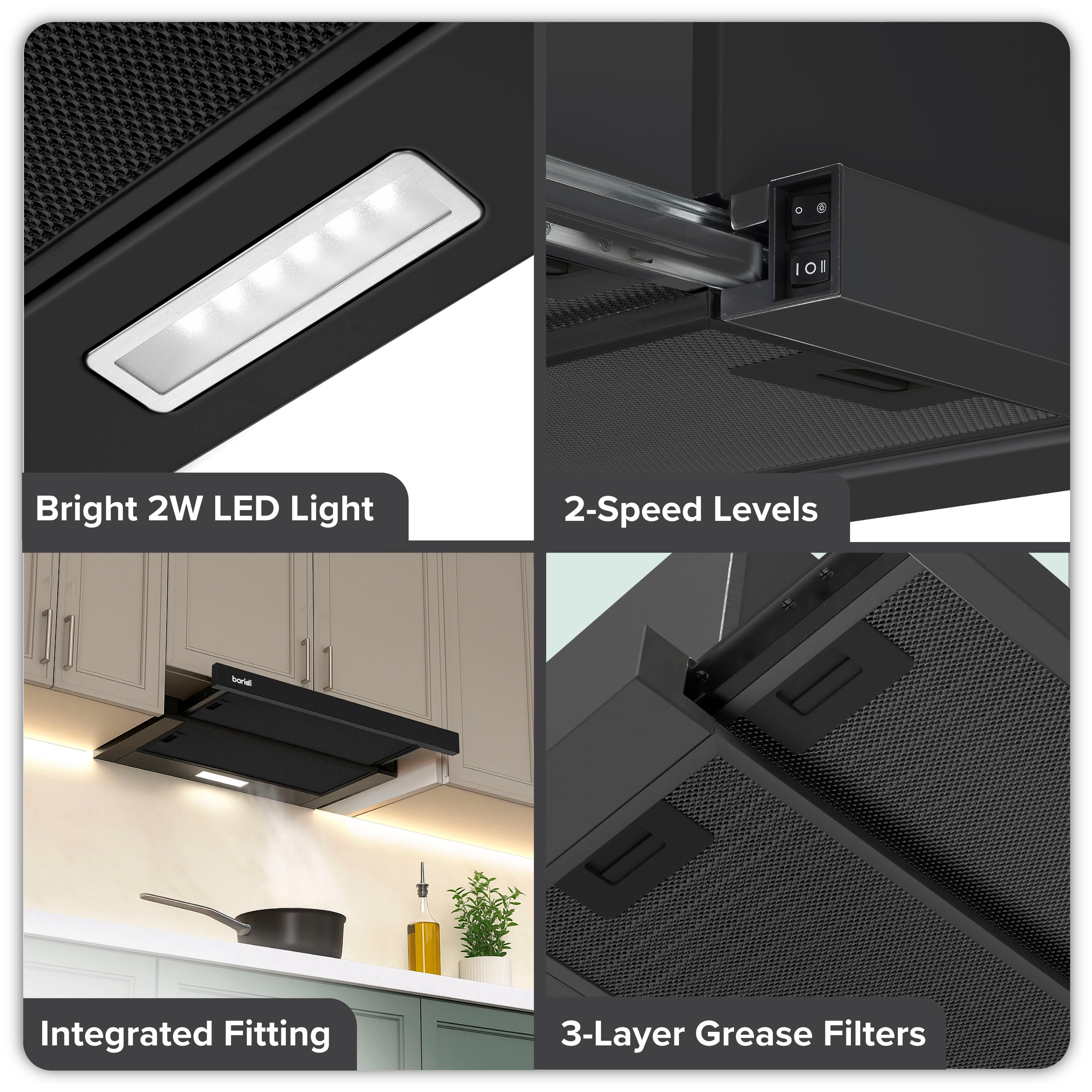 Baridi Telescopic Cooker Hood, 60cm with Aluminium Filters, Black – DH287