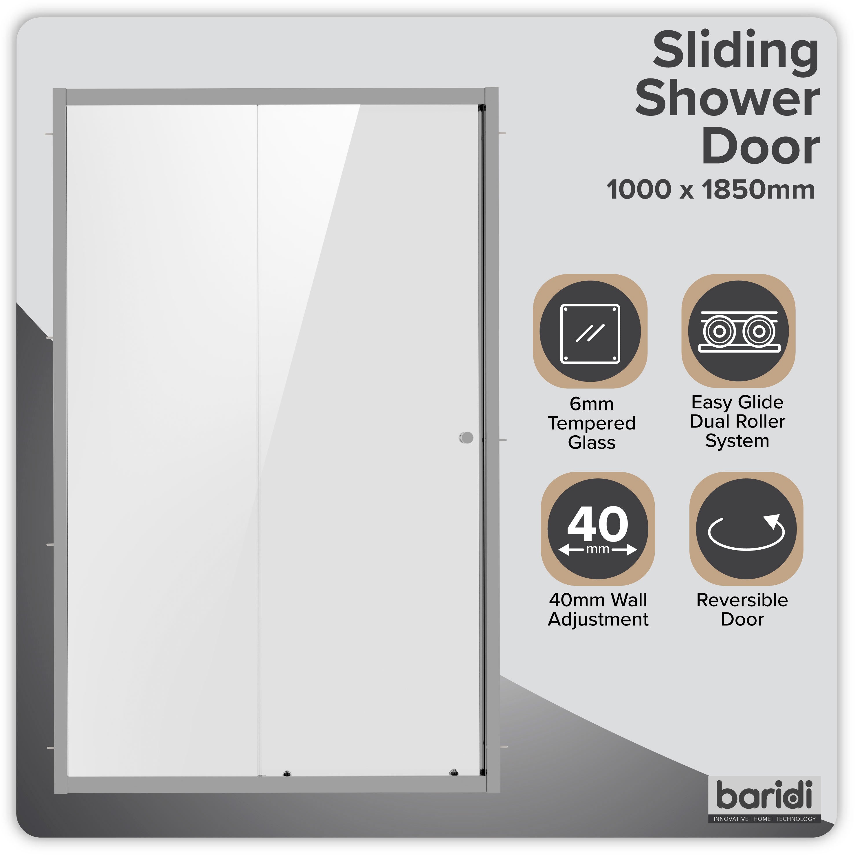 Baridi Sliding Shower Door 1000 x 1850mm, 6mm Tempered Glass, Chrome – DH292