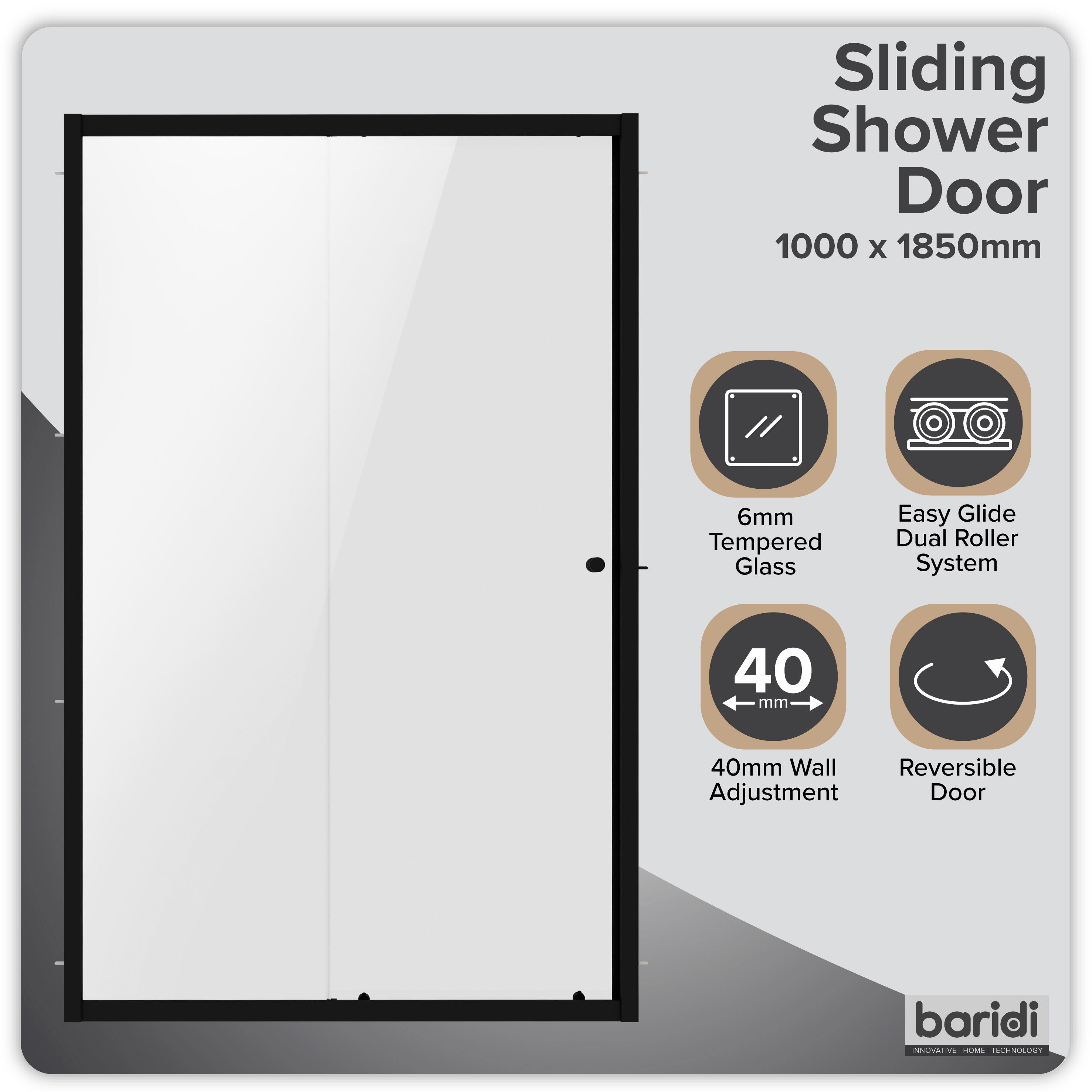 Baridi Sliding Shower Door 1000 x 1850mm, 6mm Tempered Glass, Chrome – DH293