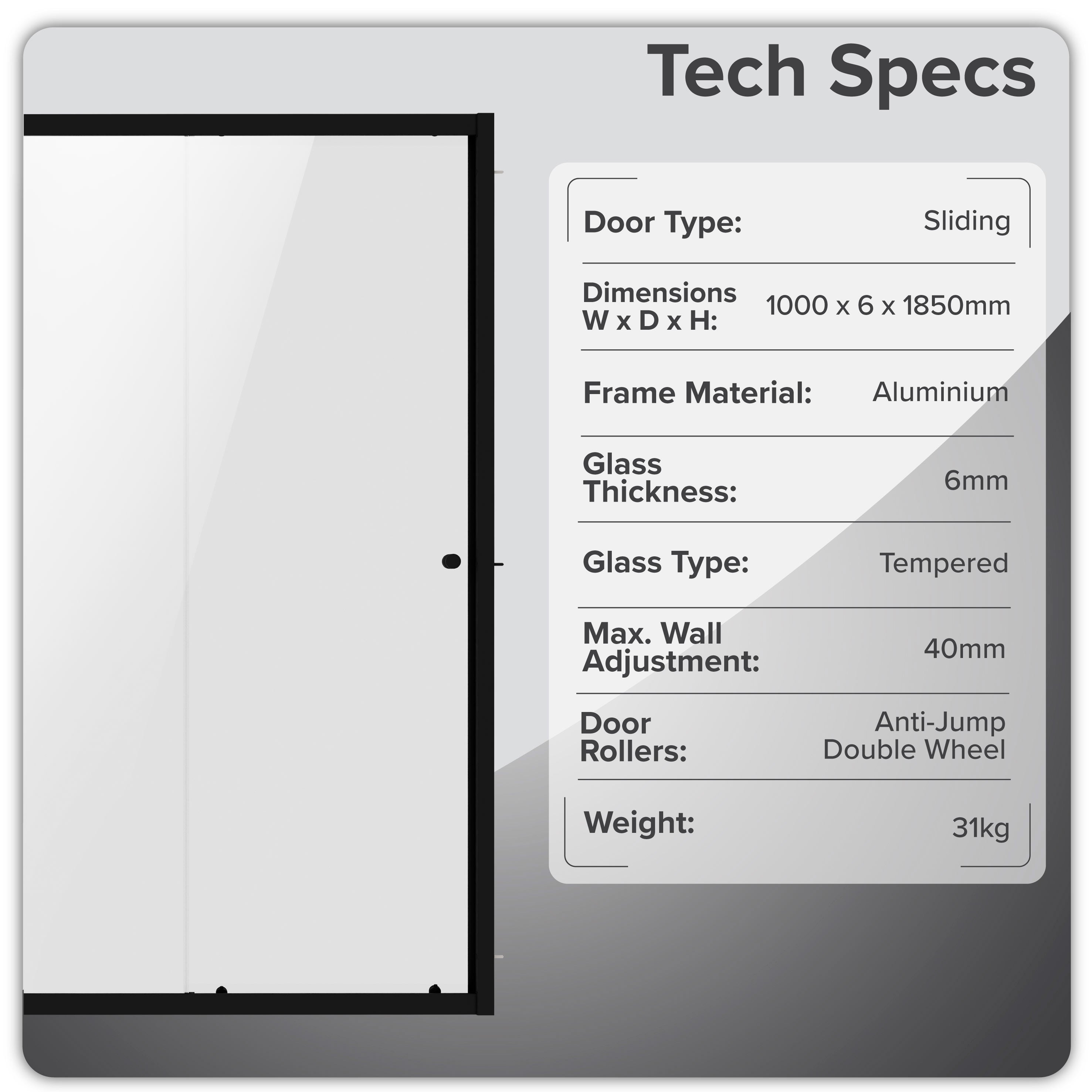Baridi Sliding Shower Door 1000 x 1850mm, 6mm Tempered Glass, Chrome – DH293