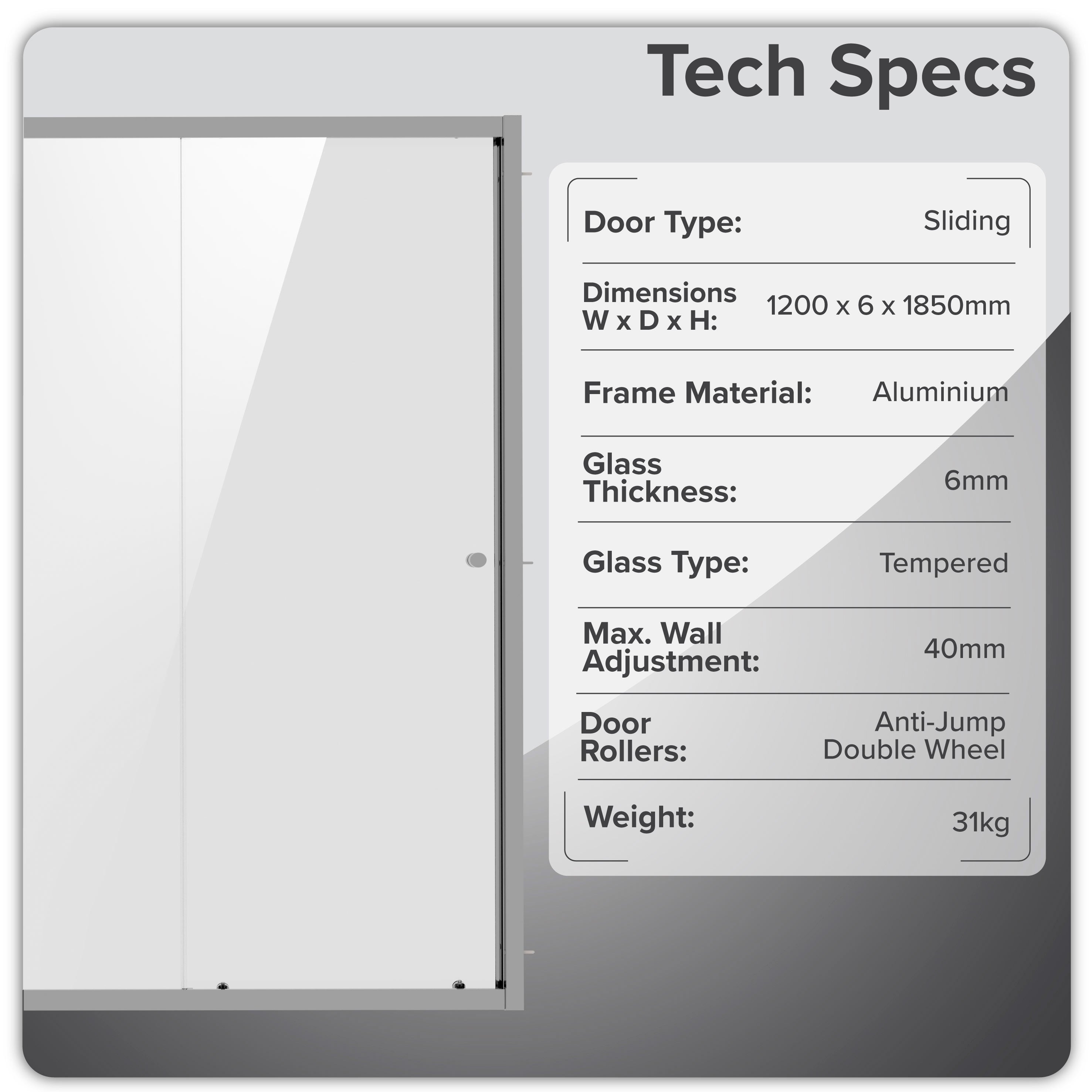 Baridi Sliding Shower Door 1200 x 1850mm, 6mm Tempered Glass, Chrome – DH294
