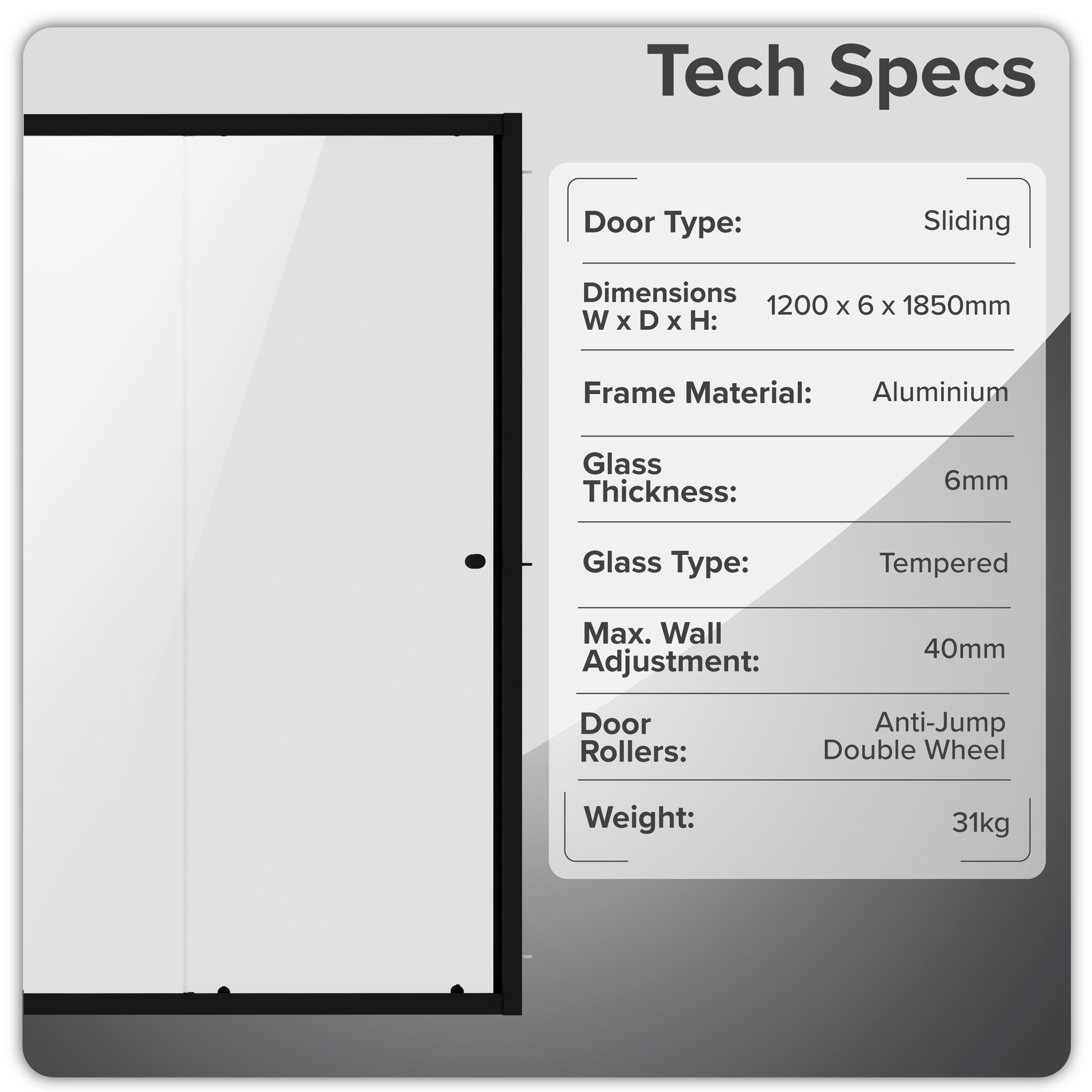 Baridi Sliding Shower Door 1200 x 1850mm, 6mm Tempered Glass, Black – DH295