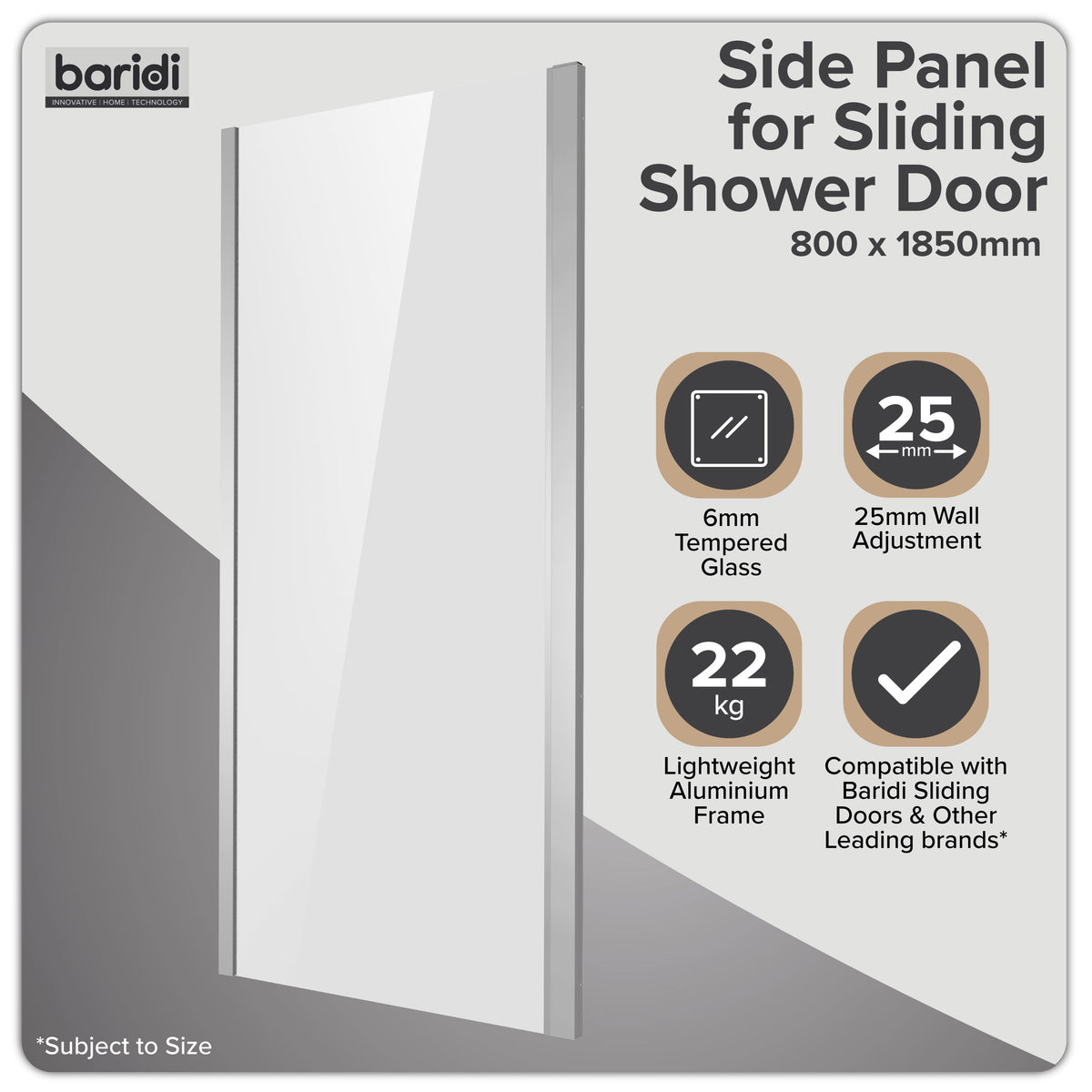 Baridi Side Panel for Sliding Shower Doors, 6mm Tempered Glass, 800 x 1850mm, Chrome - DH296