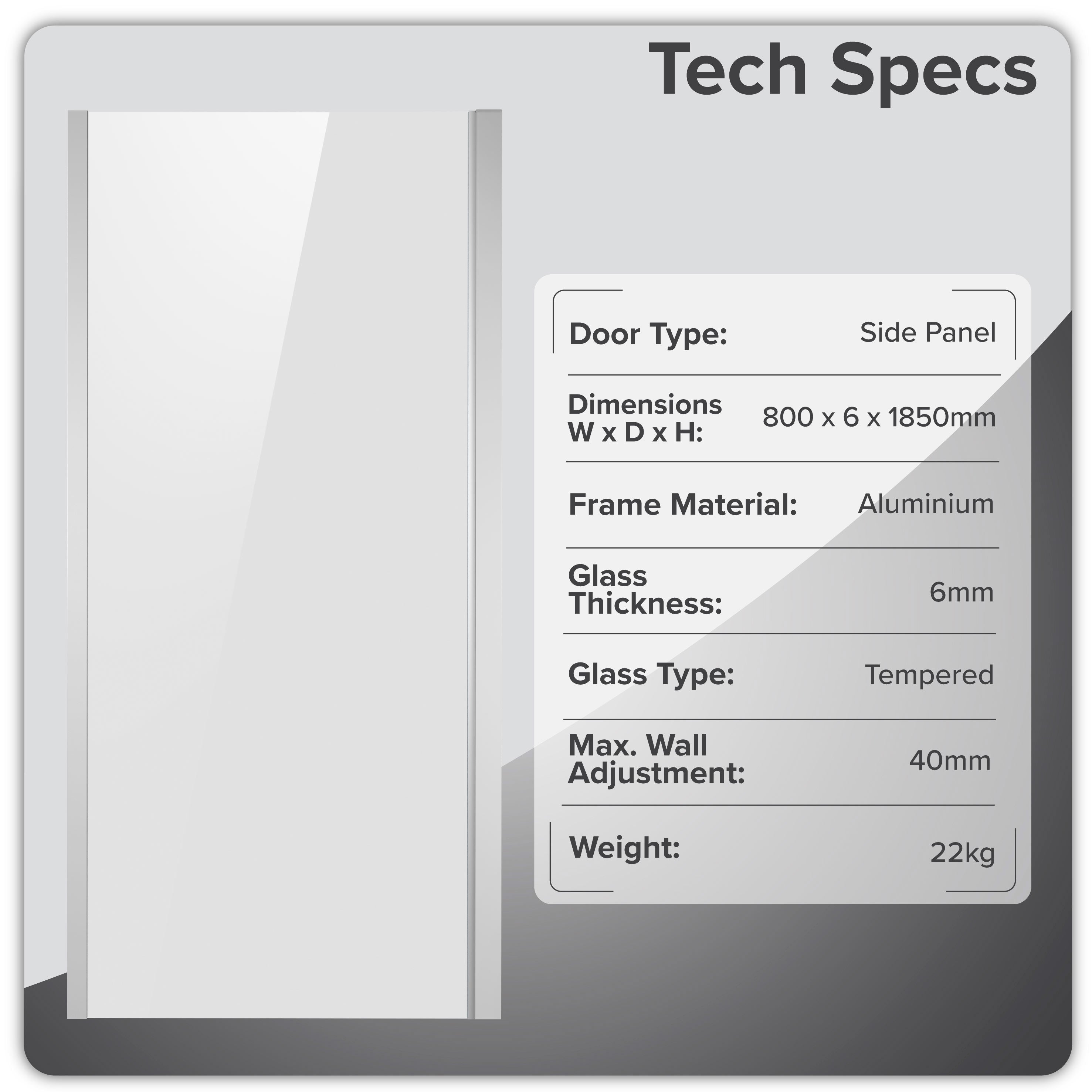 Baridi Side Panel for Sliding Shower Doors, 6mm Tempered Glass, 800 x 1850mm, Chrome - DH296