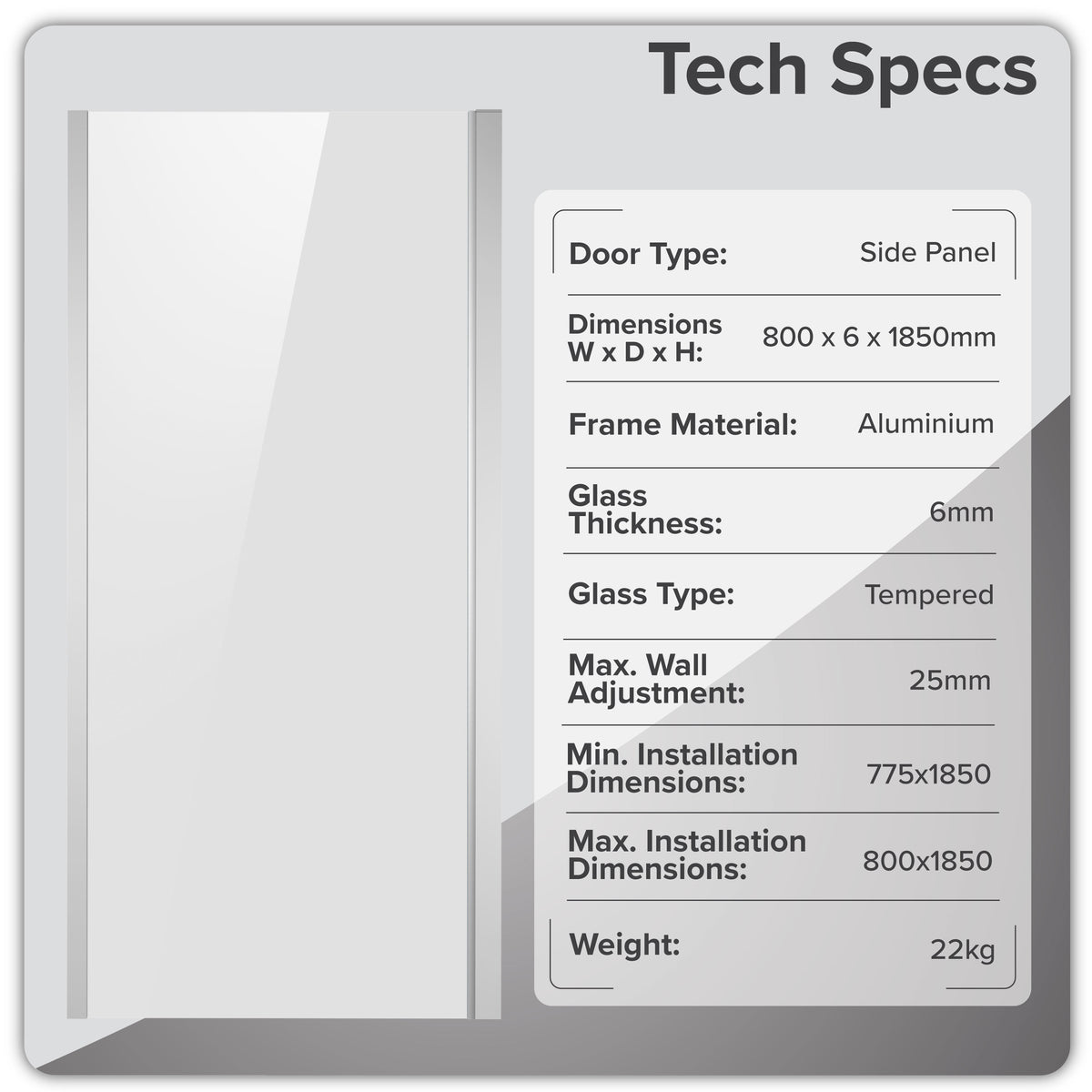 Baridi Side Panel for Sliding Shower Doors, 6mm Tempered Glass, 800 x 1850mm, Chrome - DH296