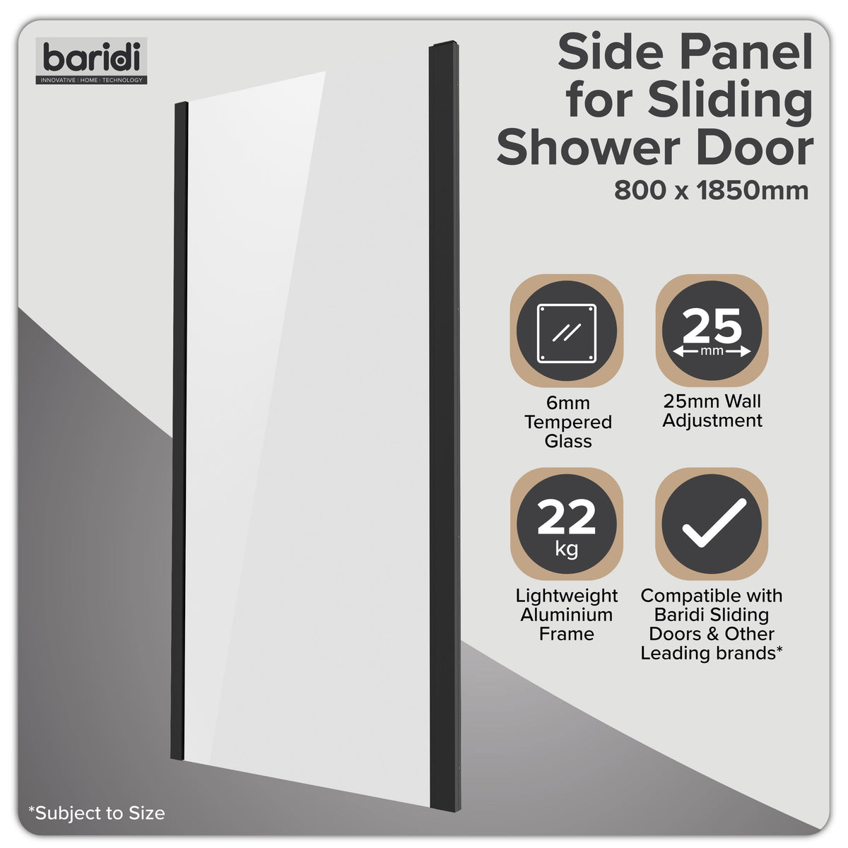 Baridi Side Panel for Sliding Shower Doors, 6mm Tempered Glass, 800 x 1850mm, Black - DH297