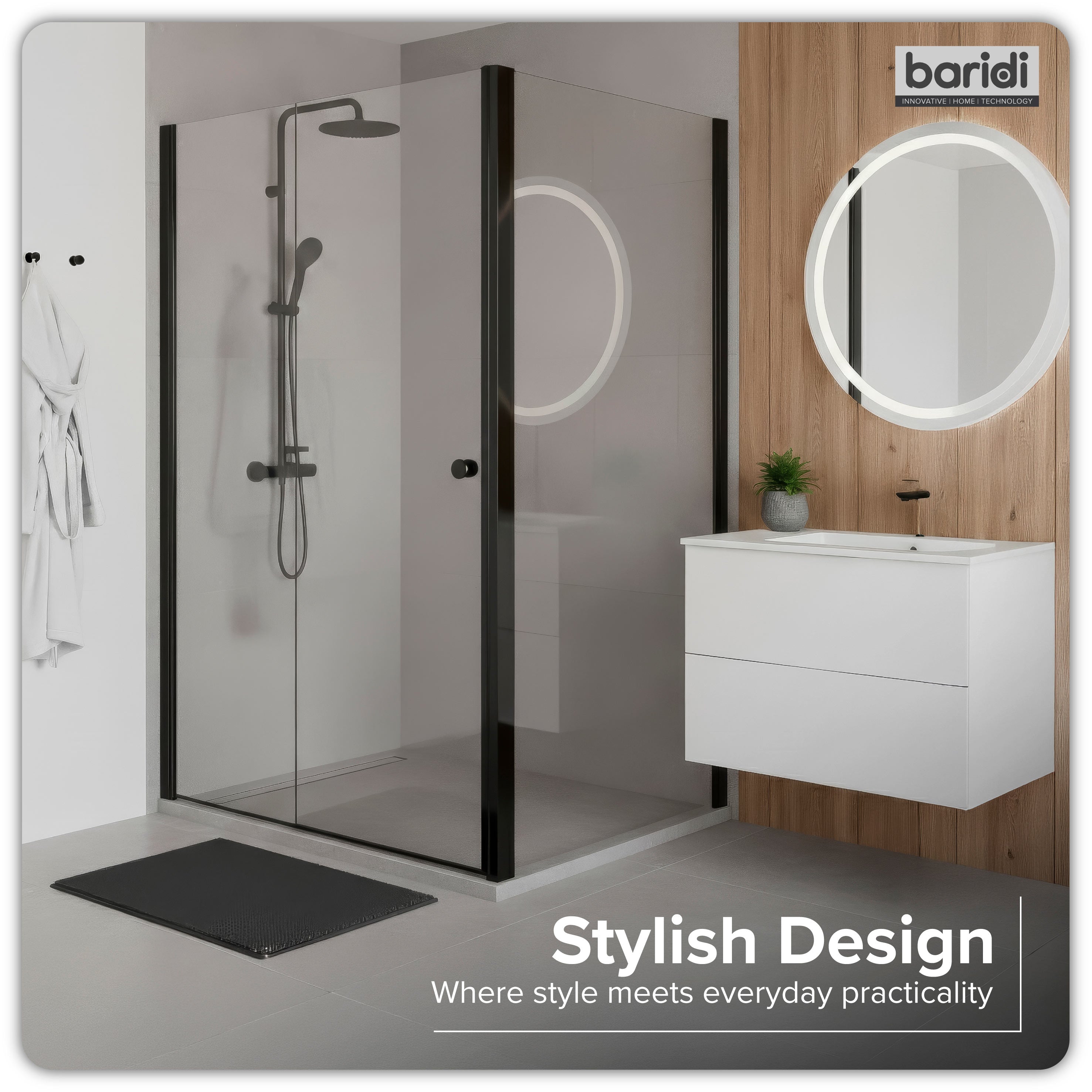 Baridi Side Panel for Sliding Shower Doors, 6mm Tempered Glass, 800 x 1850mm, Black - DH297