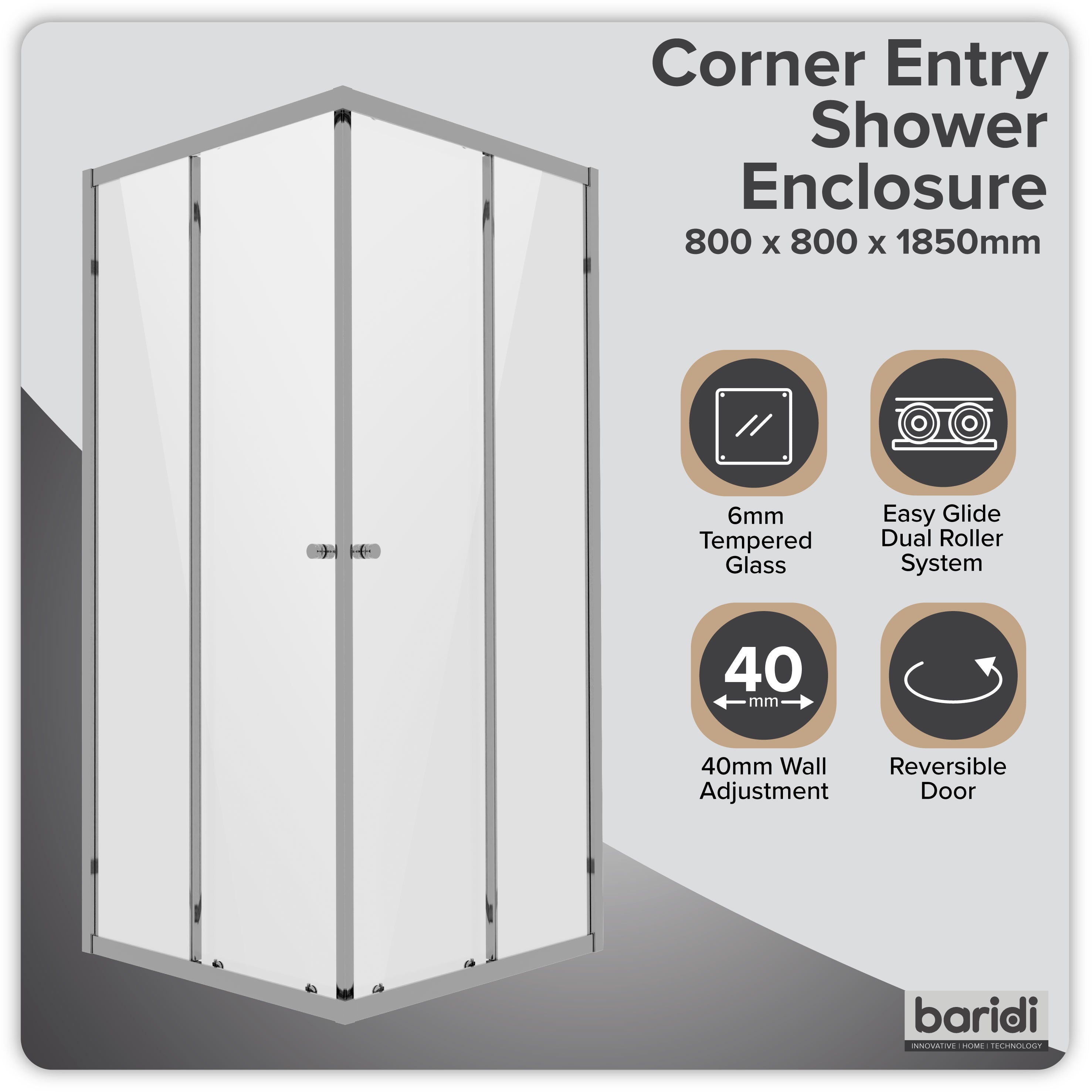 Baridi Corner Entry Shower Enclosure 800 x 800 x 1850mm with 6mm Tempered Glass, Chrome - DH298