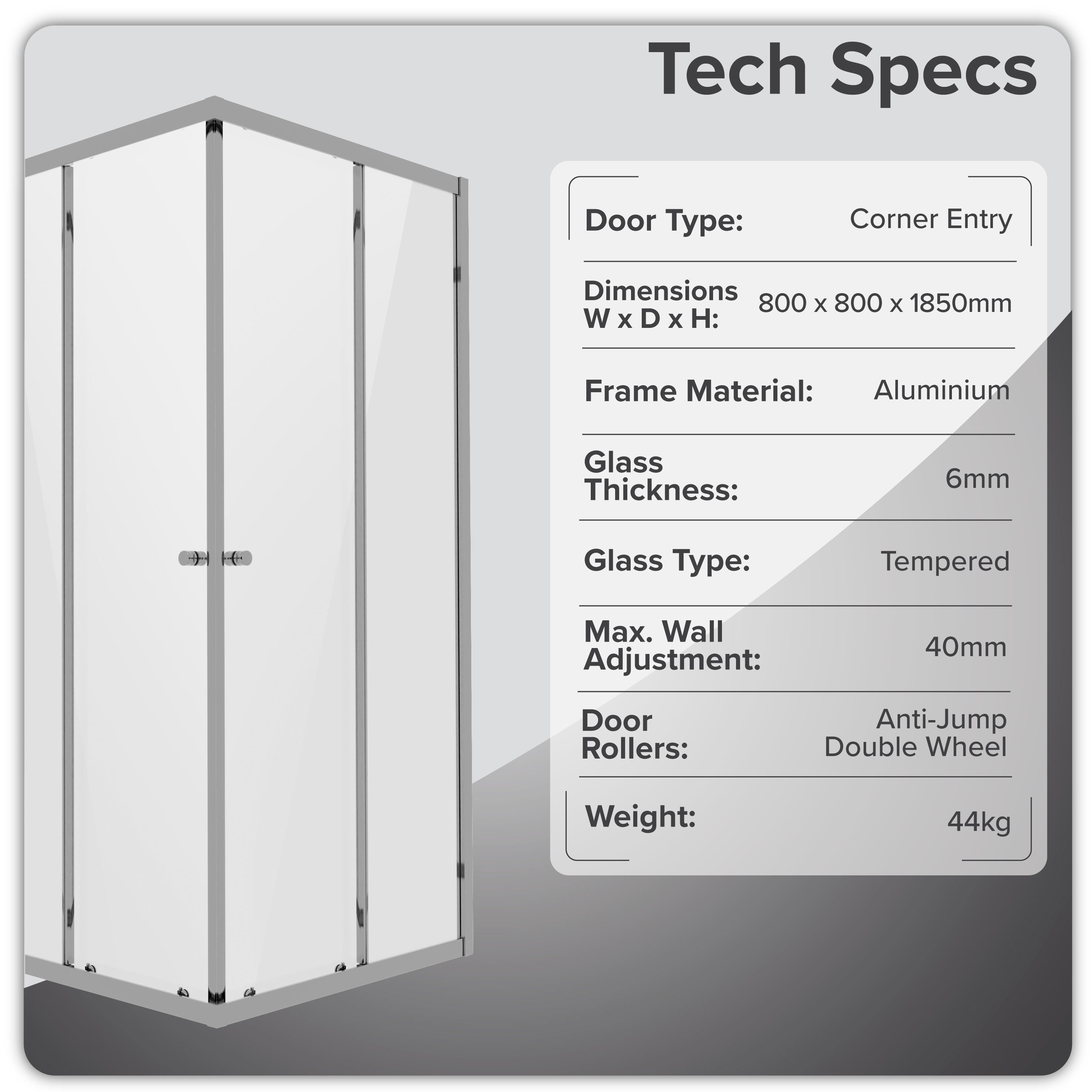 Baridi Corner Entry Shower Enclosure 800 x 800 x 1850mm with 6mm Tempered Glass, Chrome - DH298