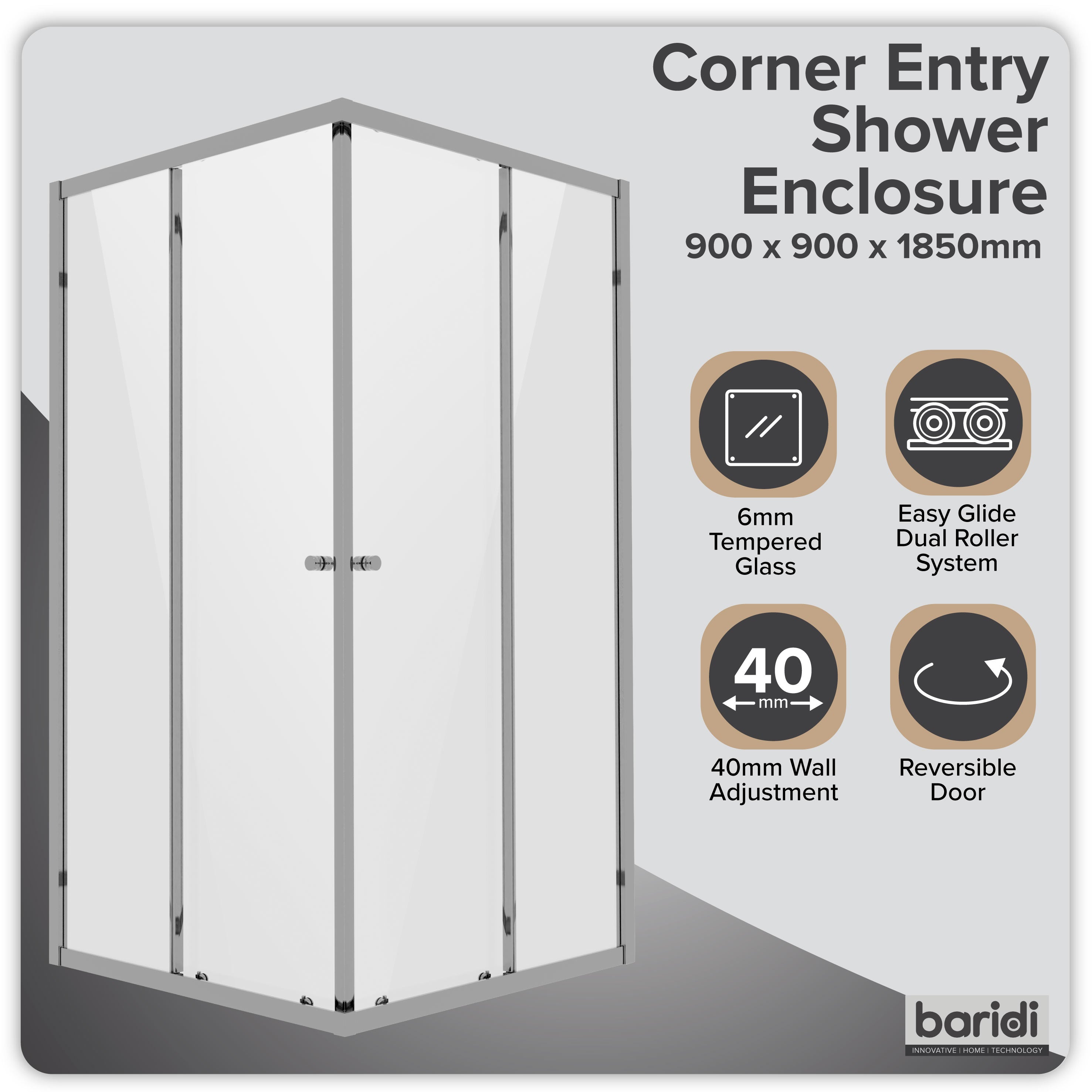 Baridi Corner Entry Shower Enclosure 900 x 900 x 1850mm with 6mm Tempered Glass - Chrome - DH299