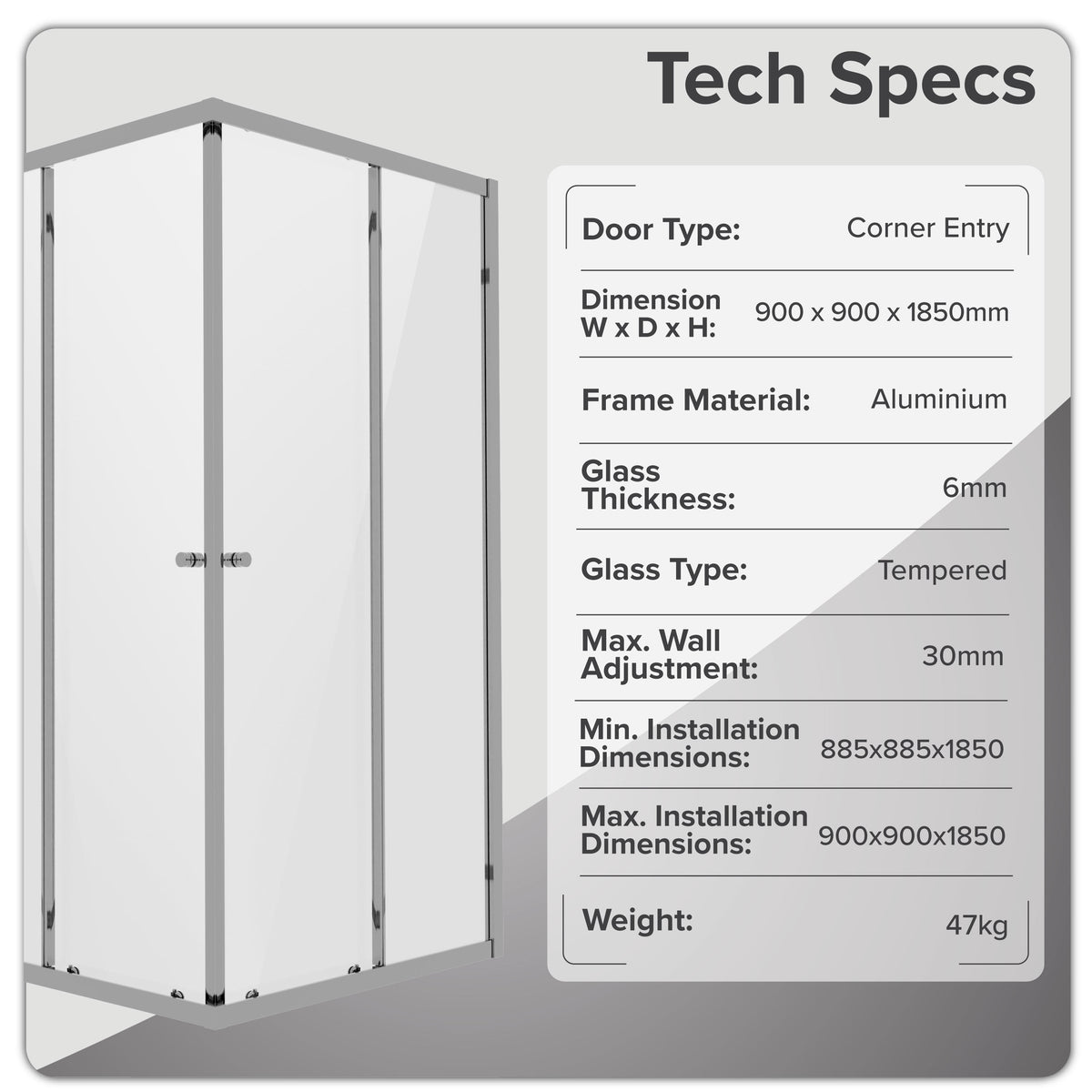 Baridi Corner Entry Shower Enclosure 900 x 900 x 1850mm with 6mm Tempered Glass - Chrome - DH299