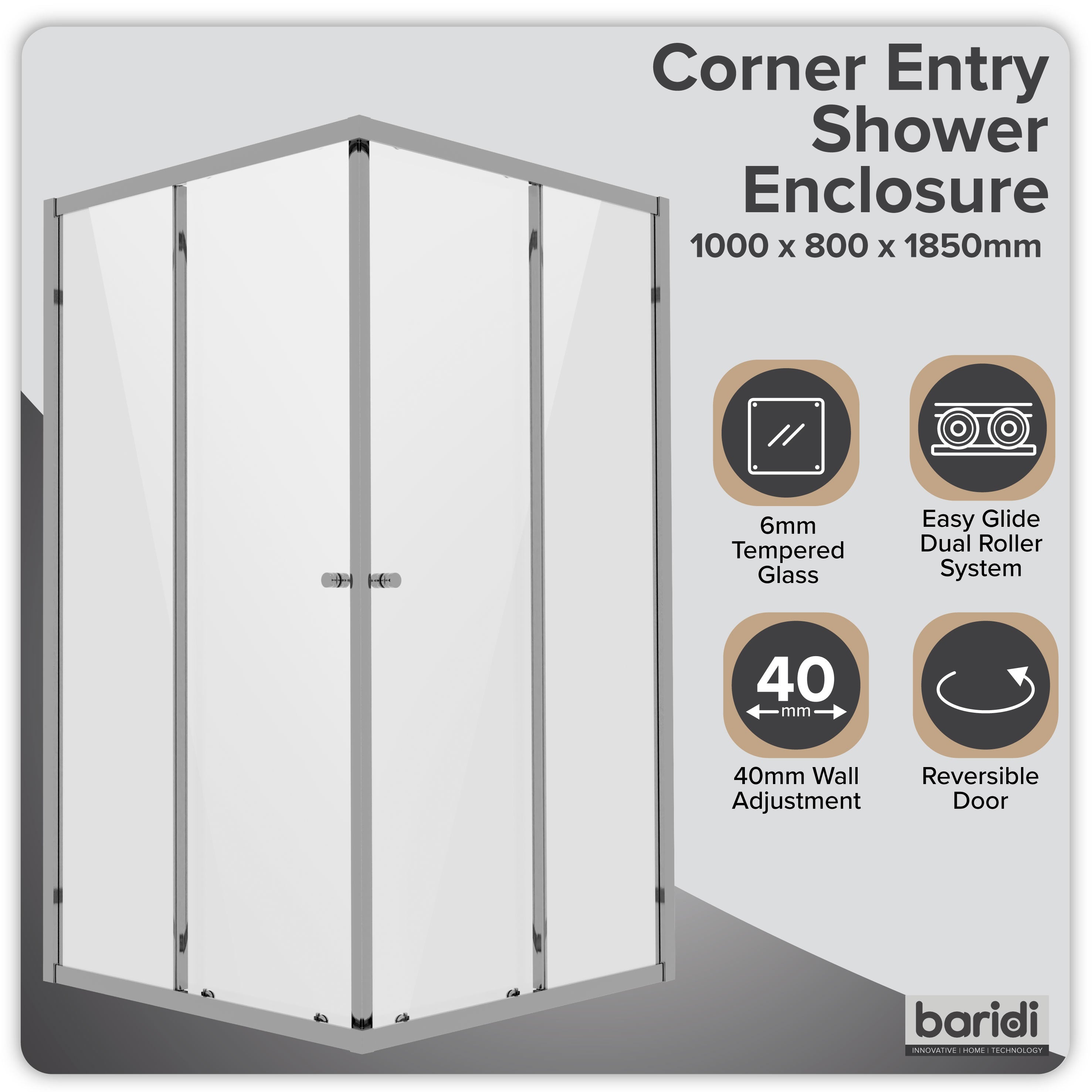 Baridi Corner Entry Shower Enclosure 1000 x 800 x 1850mm with 6mm Tempered Glass - Chrome – DH300