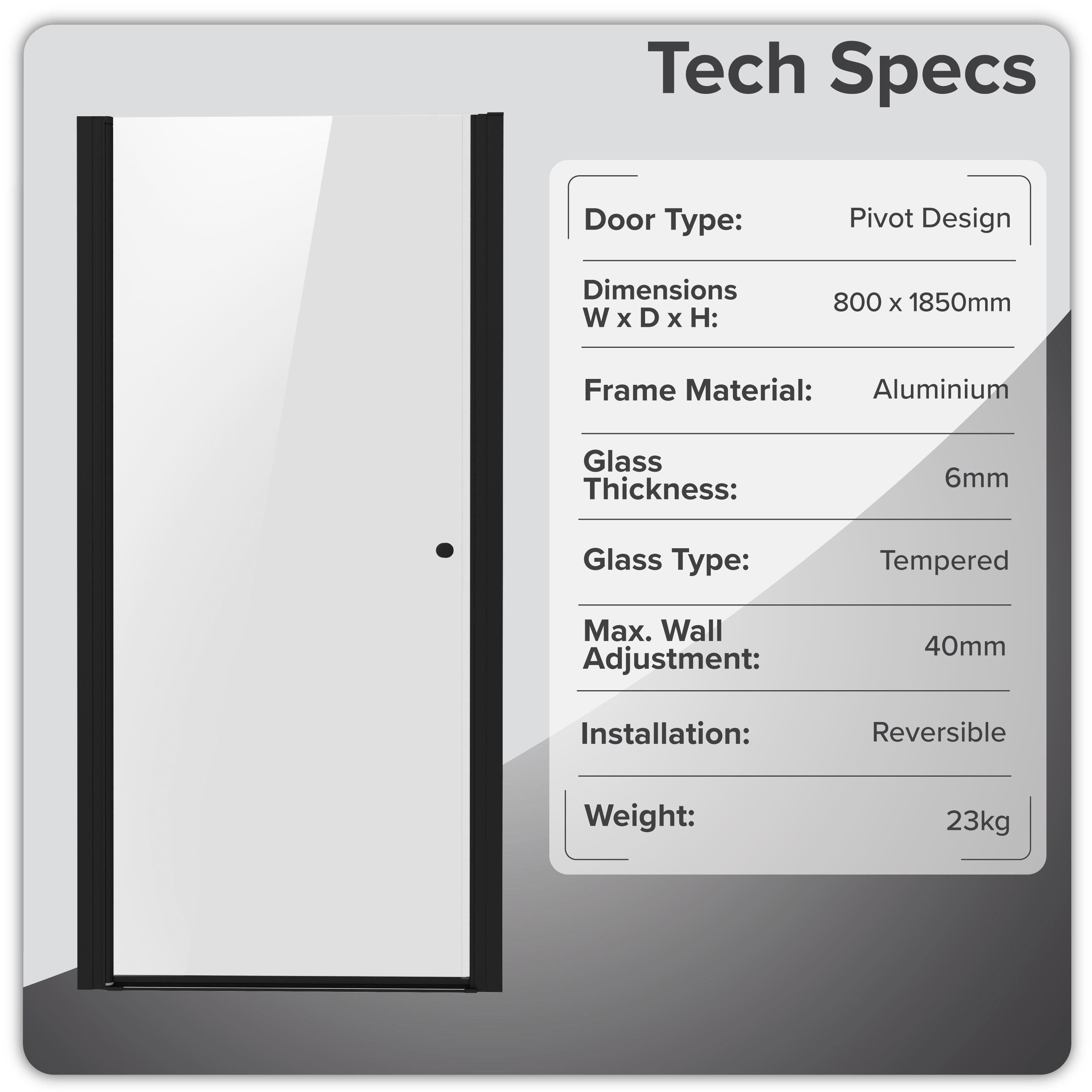 Baridi Pivot Shower Door 800 x 1850mm, 6mm Tempered Glass, Reversible Installation, Black - DH304