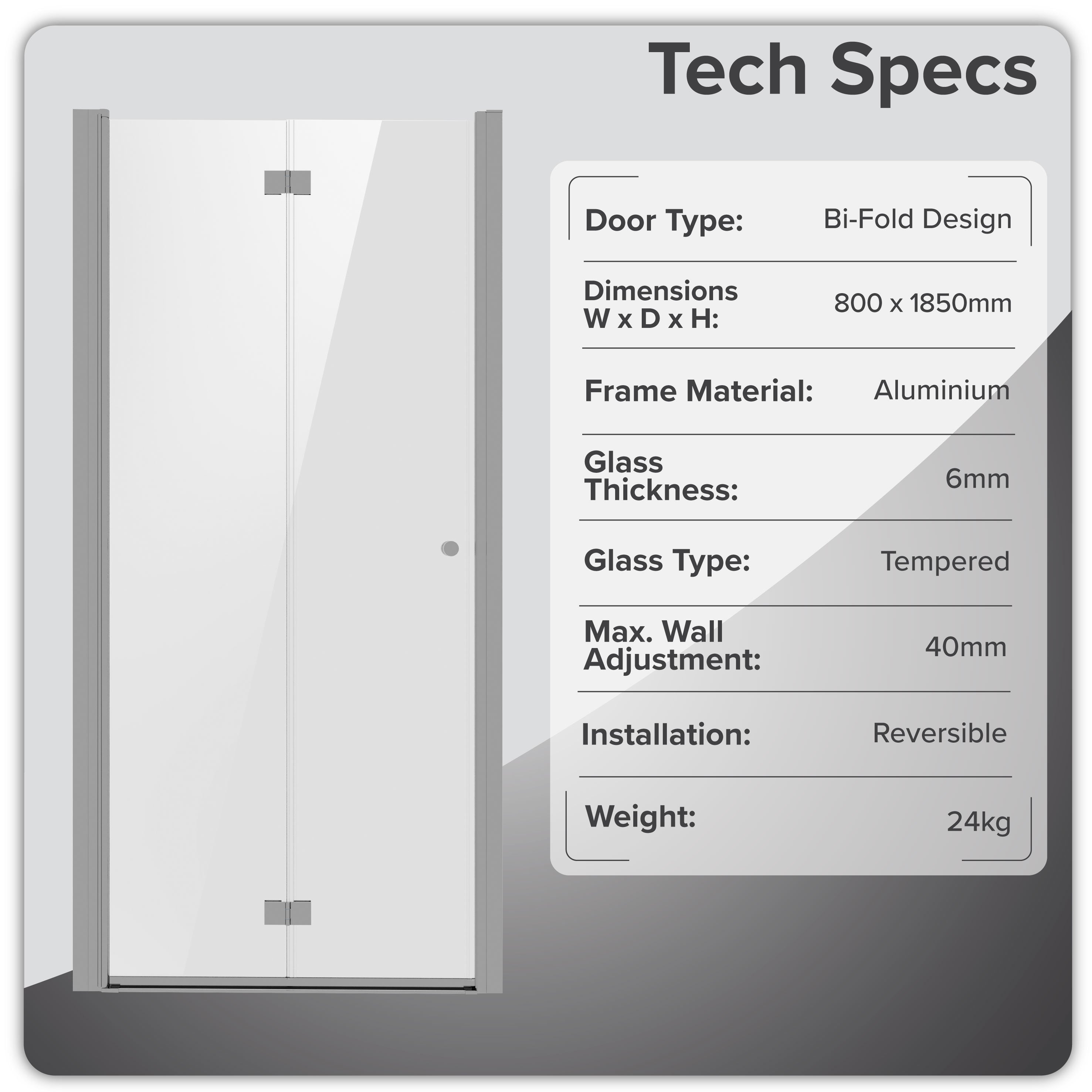Baridi Bi-Fold Shower Door 800 x 1850mm, 6mm Tempered Glass, Reversible Installation, Chrome - DH305