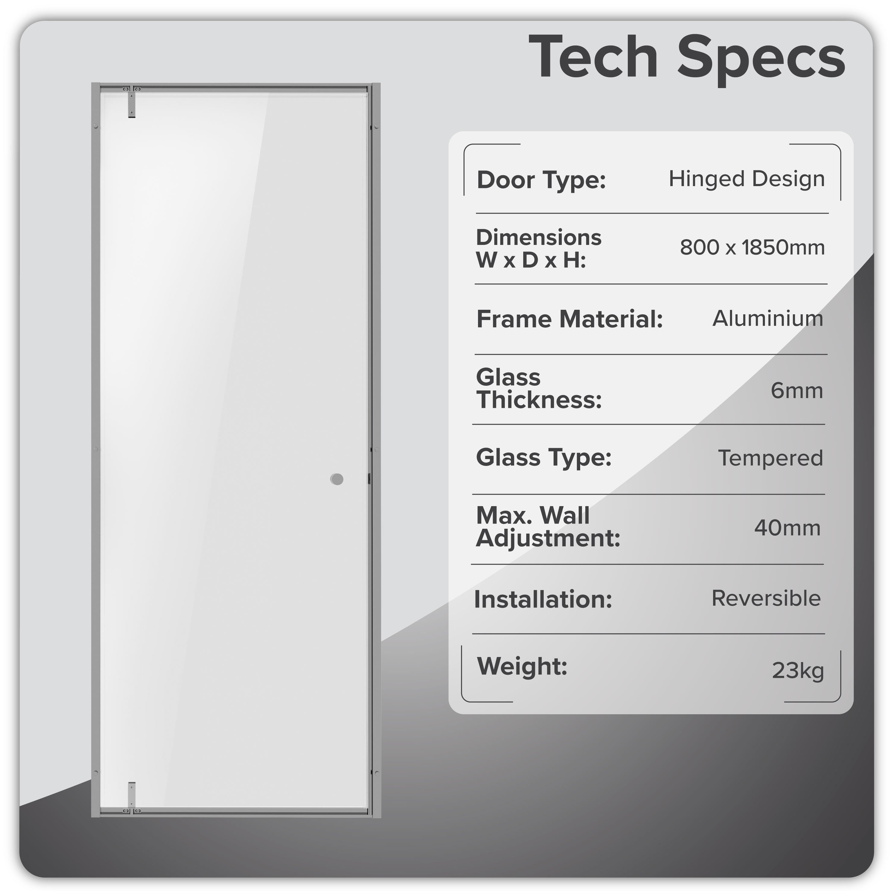 Baridi Hinged Shower Door 800 x 1850mm, 6mm Tempered Glass, Reversible Installation, Chrome - DH306