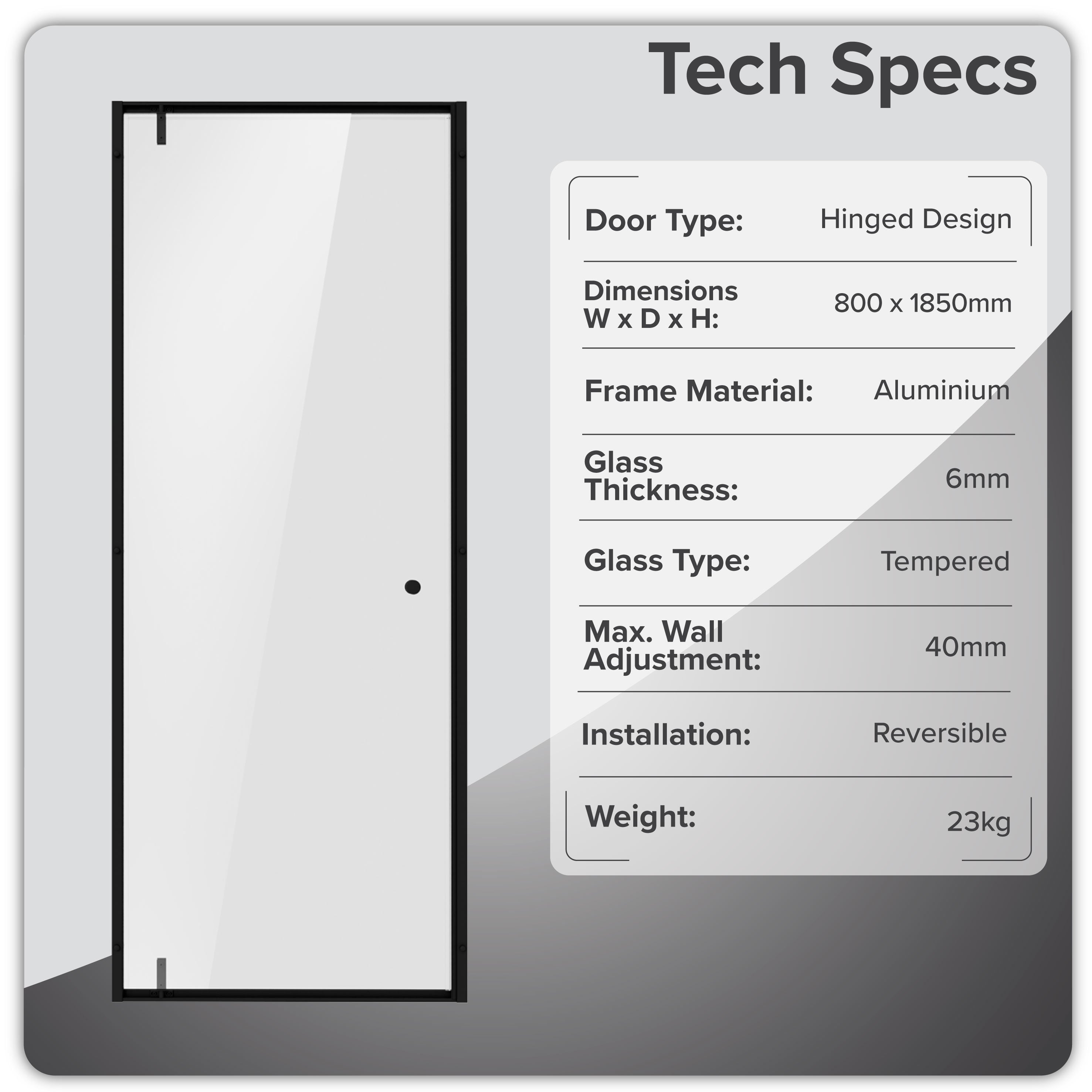 Baridi Hinged Shower Door 800 x 1850mm, 6mm Tempered Glass, Reversible Installation, Black - DH307