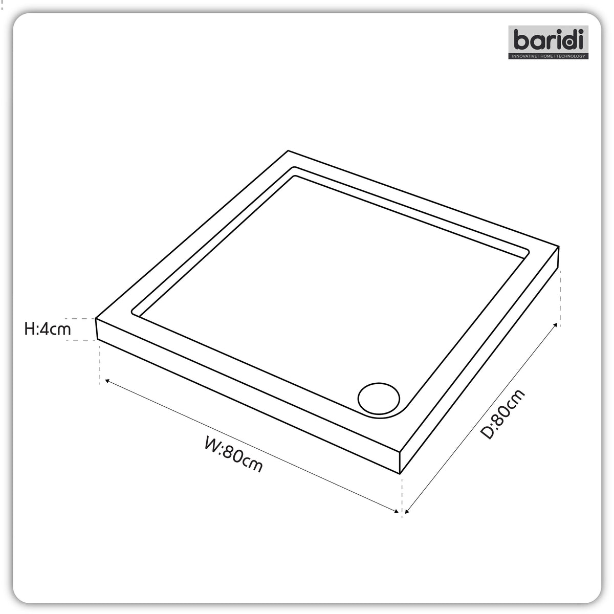 Baridi Square Shower Tray 800 x 800 x 40mm for Shower Enclosures, Acrylic, White - DH308