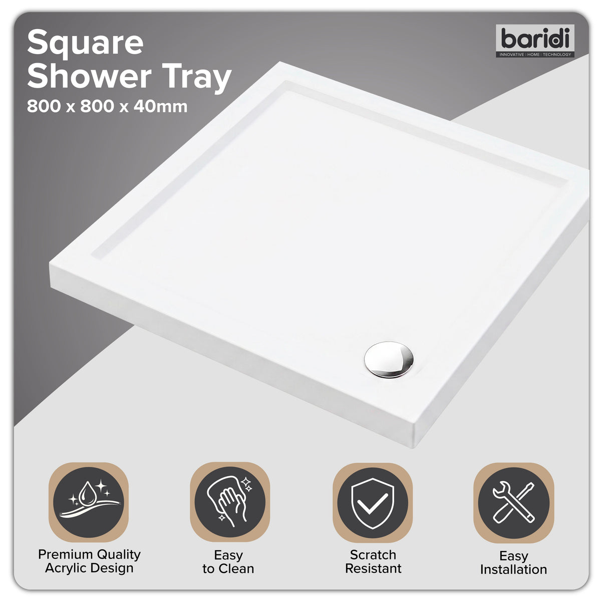 Baridi Square Shower Tray 800 x 800 x 40mm for Shower Enclosures, Acrylic, White - DH308