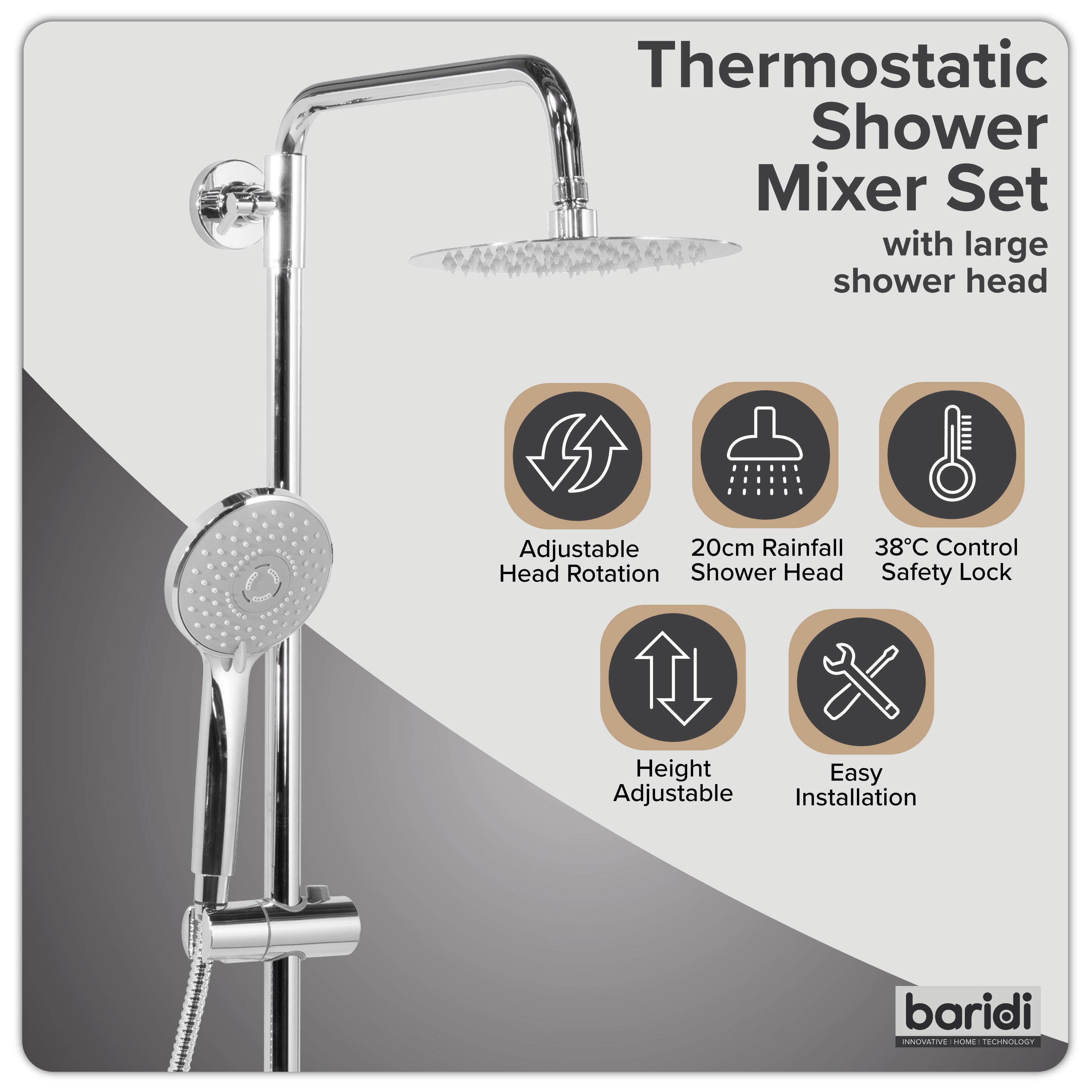 Baridi Thermostatic Shower Mixer Set, 20cm Round Head, Height Adjustable Rail, Chrome - DH314