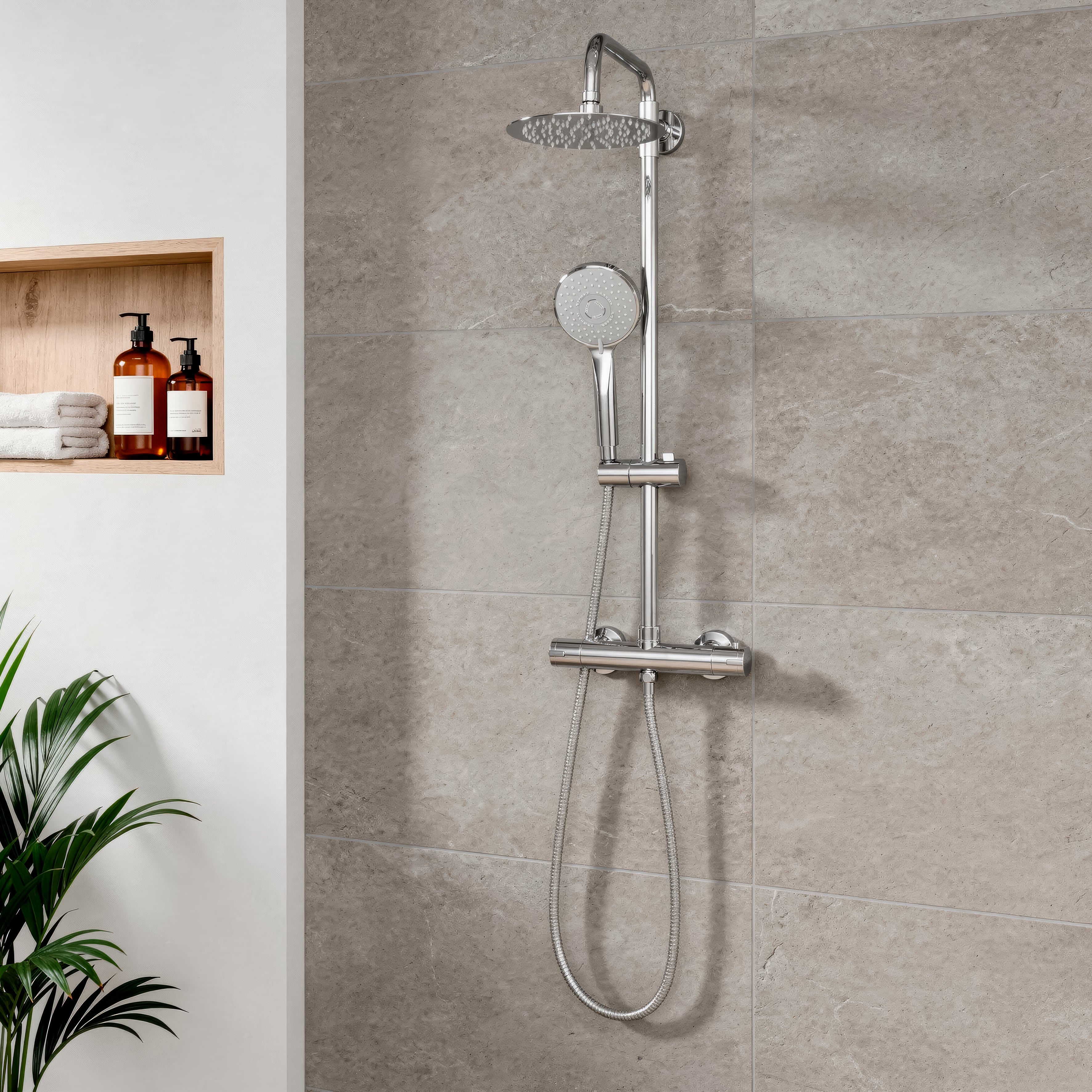 Thermostatic Shower Mixer Set 20cm Round Head with Adjustable Rail - Chrome