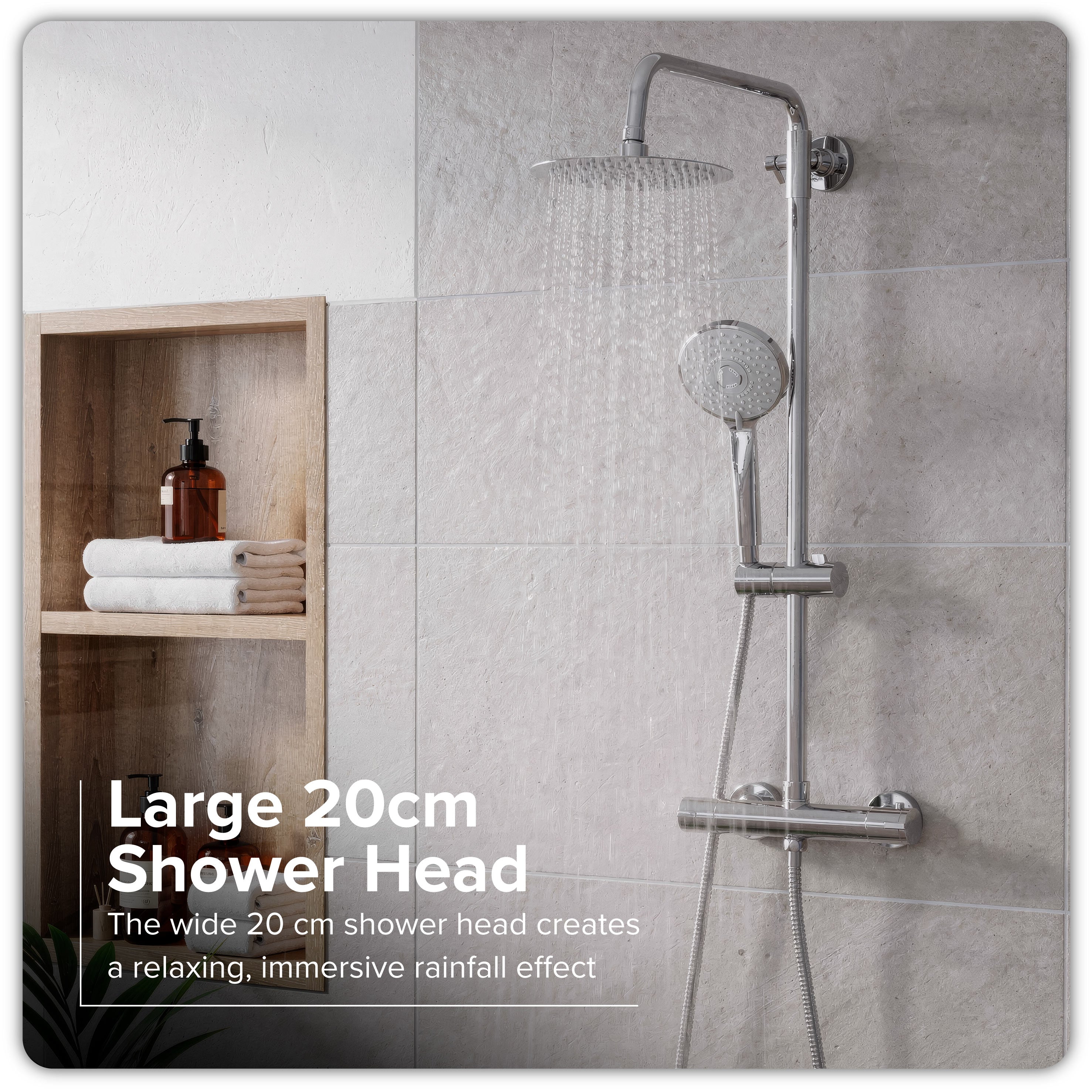 Baridi Thermostatic Shower Mixer Set, 20cm Round Head, Height Adjustable Rail, Chrome - DH314
