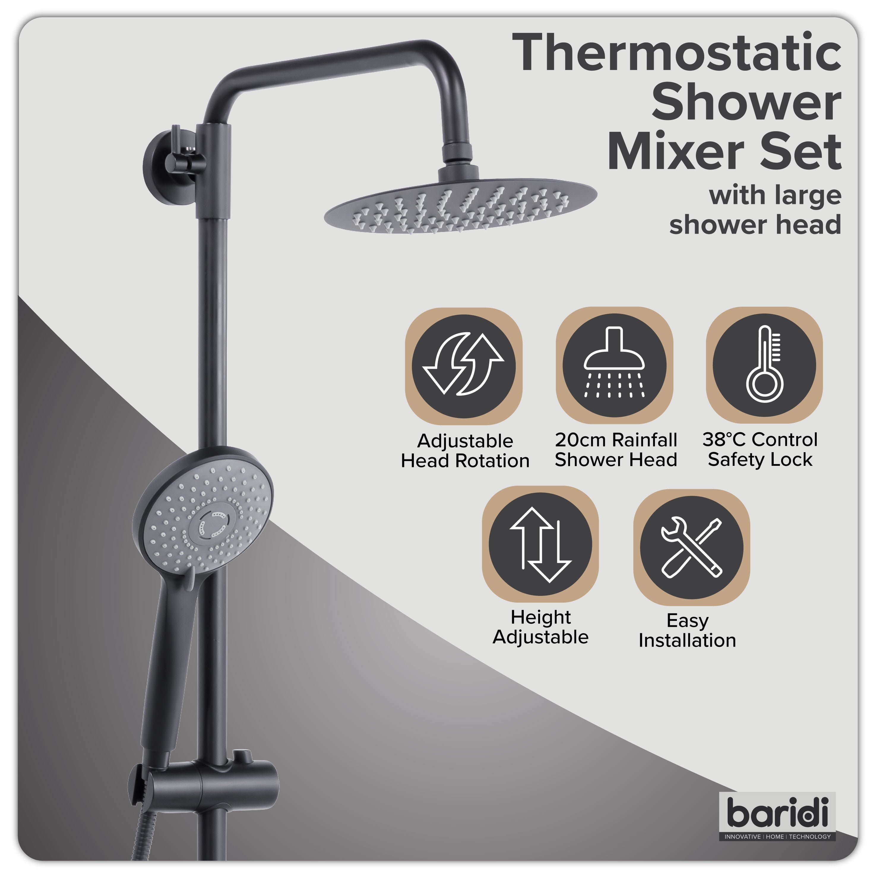 Baridi Thermostatic Shower Mixer Set, 20cm Round Head, Height Adjustable Rail, Black - DH315