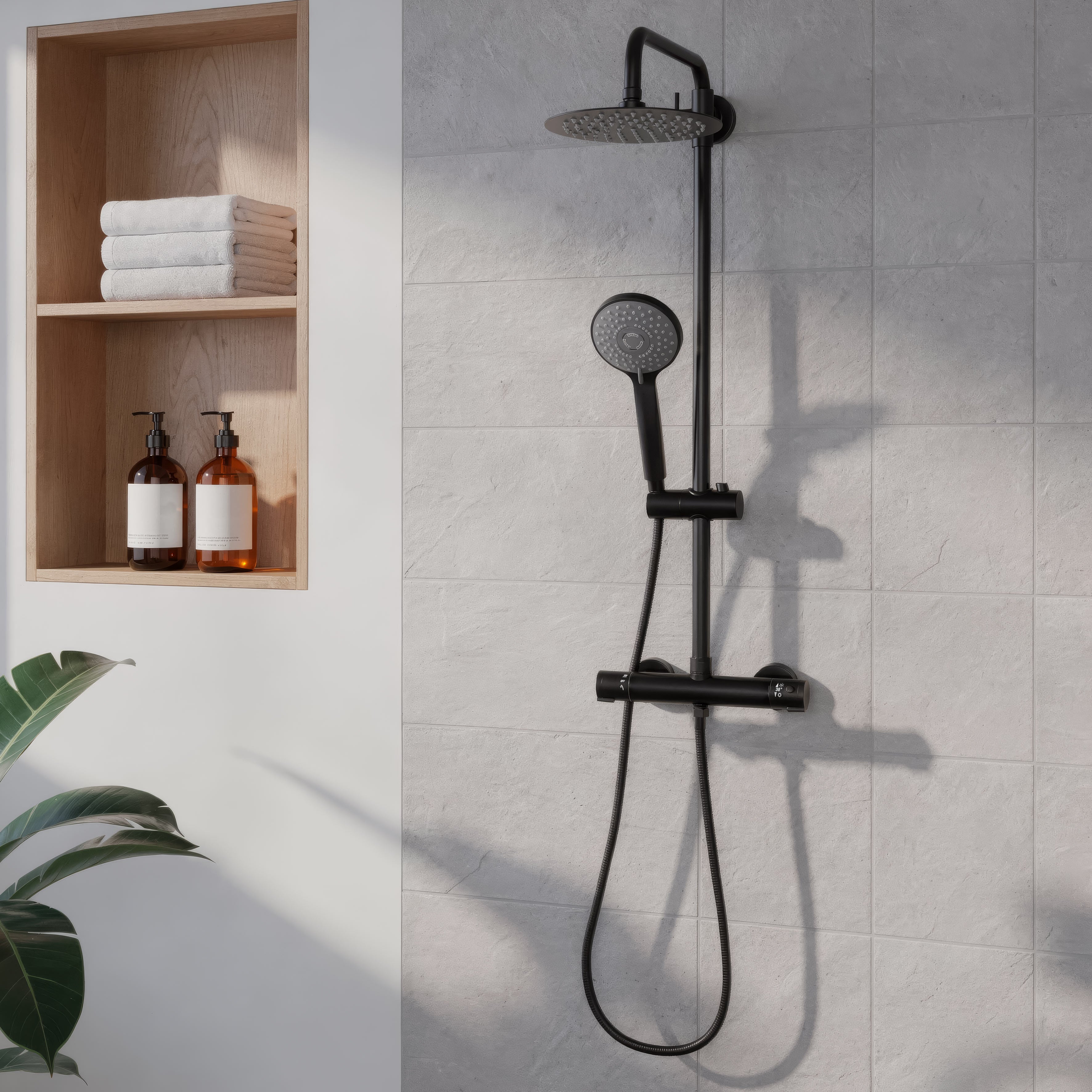 Thermostatic Shower Mixer Set 20cm Round Head with Adjustable Rail - Black