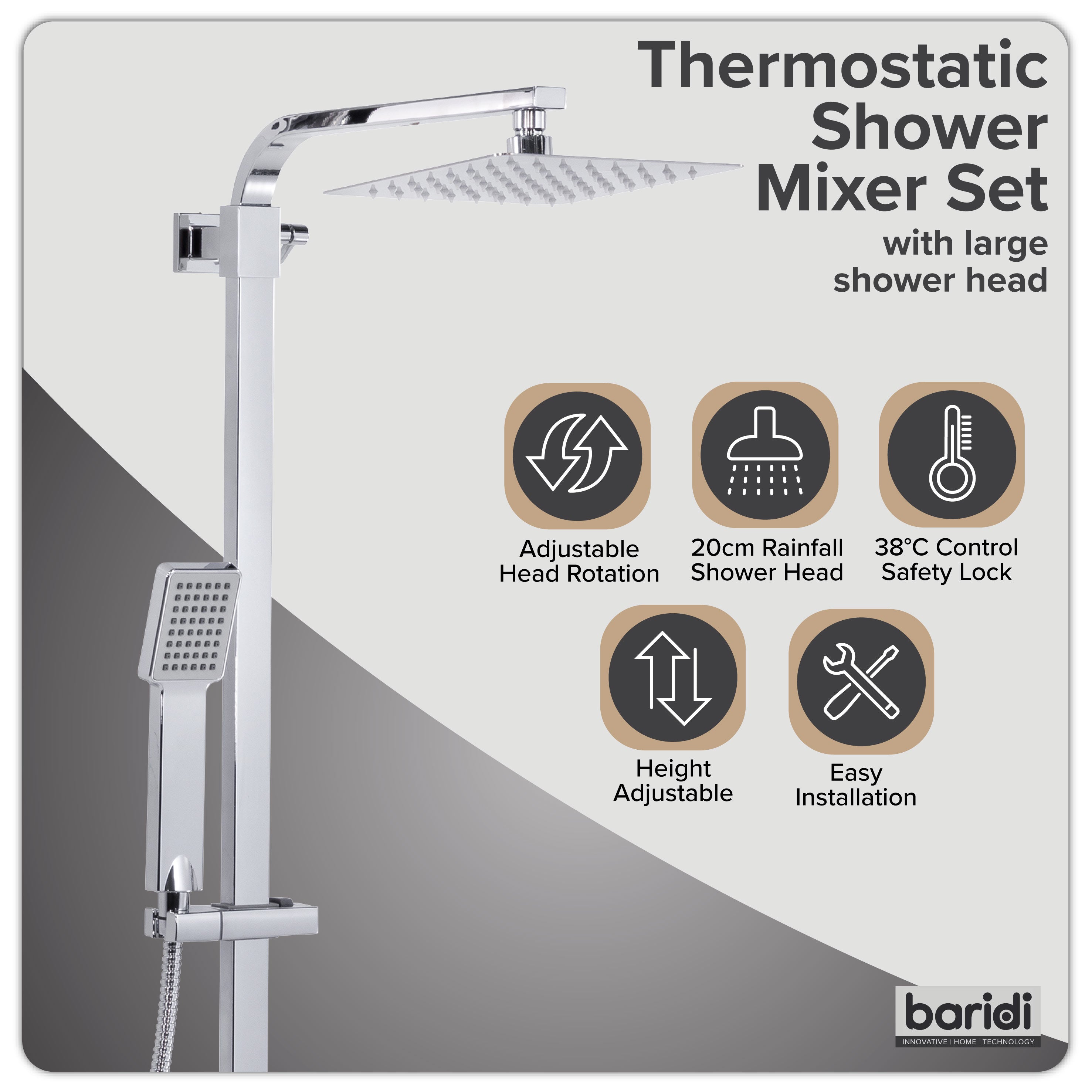 Baridi Thermostatic Shower Mixer Set, 20x20cm Square Head, Height Adjustable Rail, Chrome - DH316