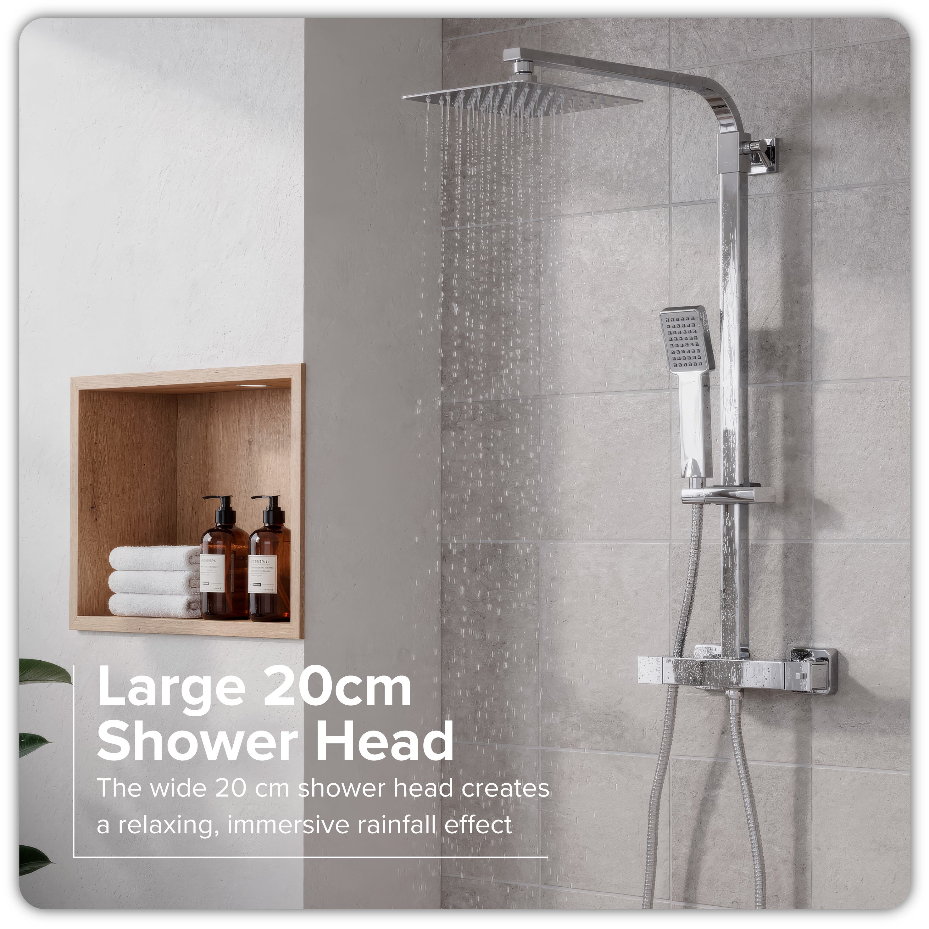 Baridi Thermostatic Shower Mixer Set, 20x20cm Square Head, Height Adjustable Rail, Chrome - DH316