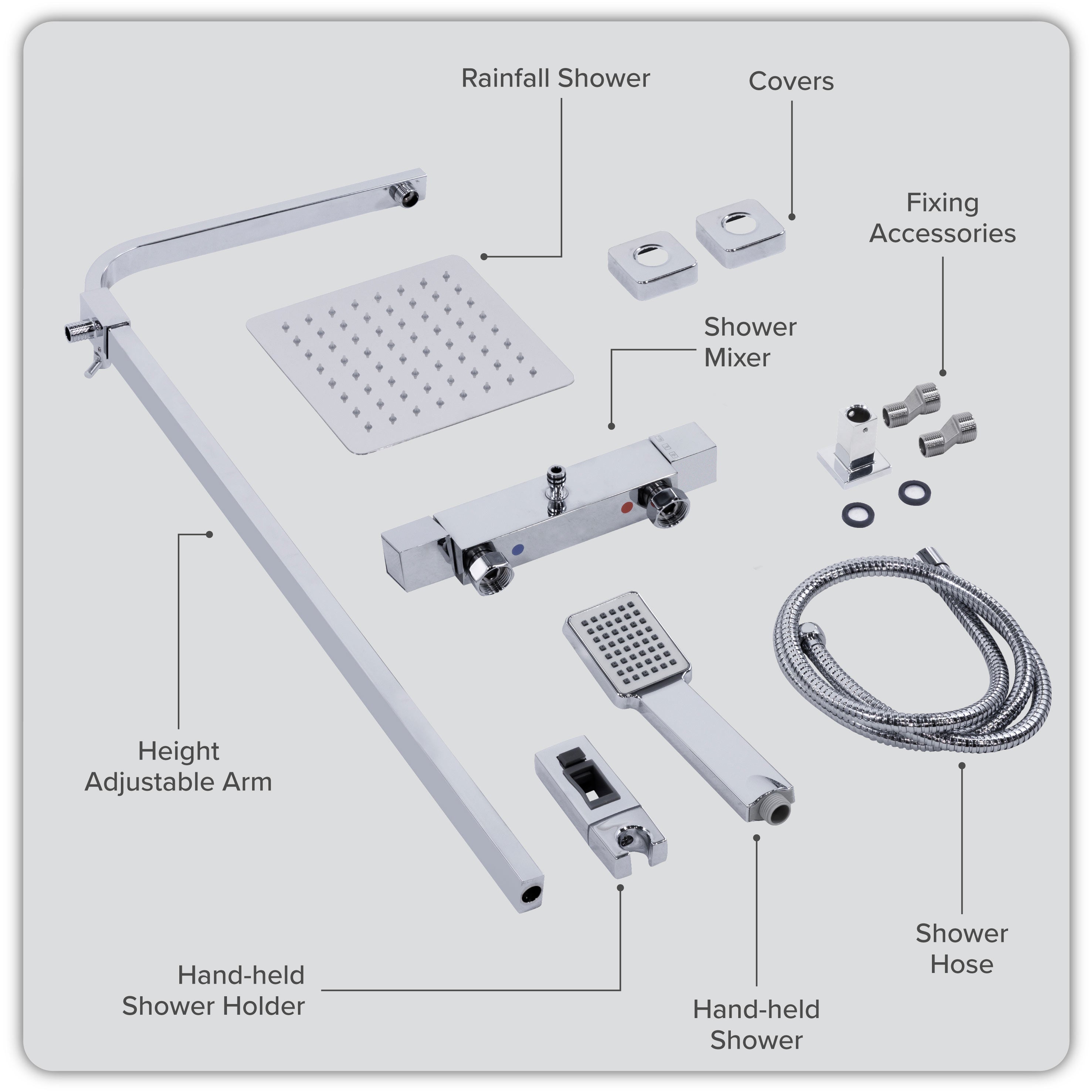 Baridi Thermostatic Shower Mixer Set, 20x20cm Square Head, Height Adjustable Rail, Chrome - DH316