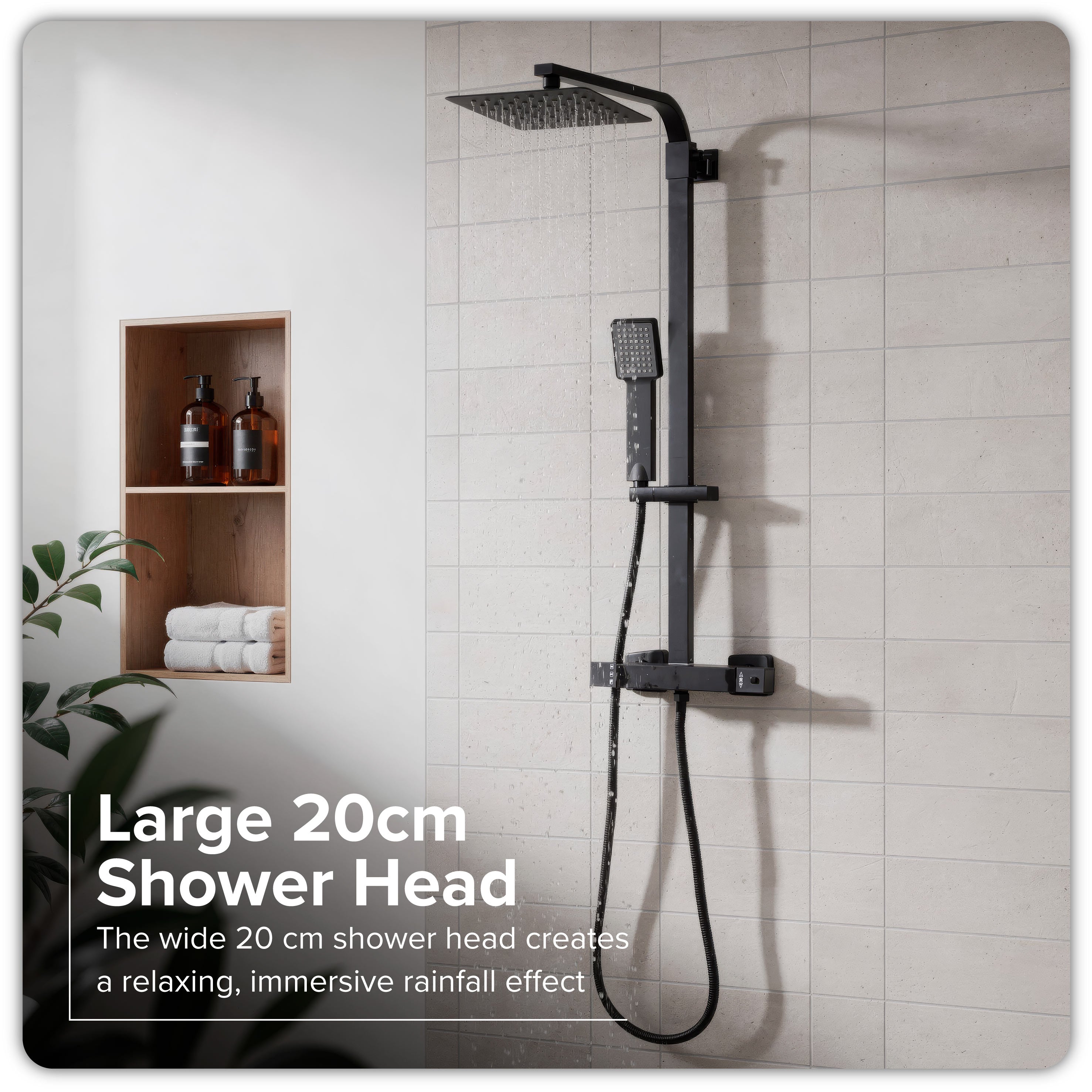 Baridi Thermostatic Shower Mixer Set, 20x20cm Square Head, Height Adjustable Rail, Black - DH317