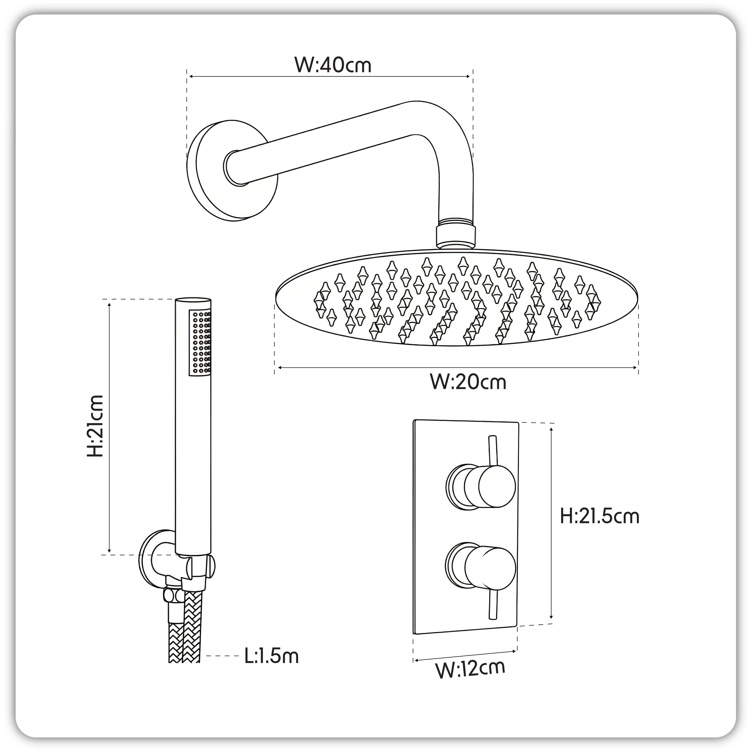 Baridi Concealed Thermostatic Shower Set, Dual Outlet, Ø20cm Round Shower Head & Hand Shower, Chrome - DH318