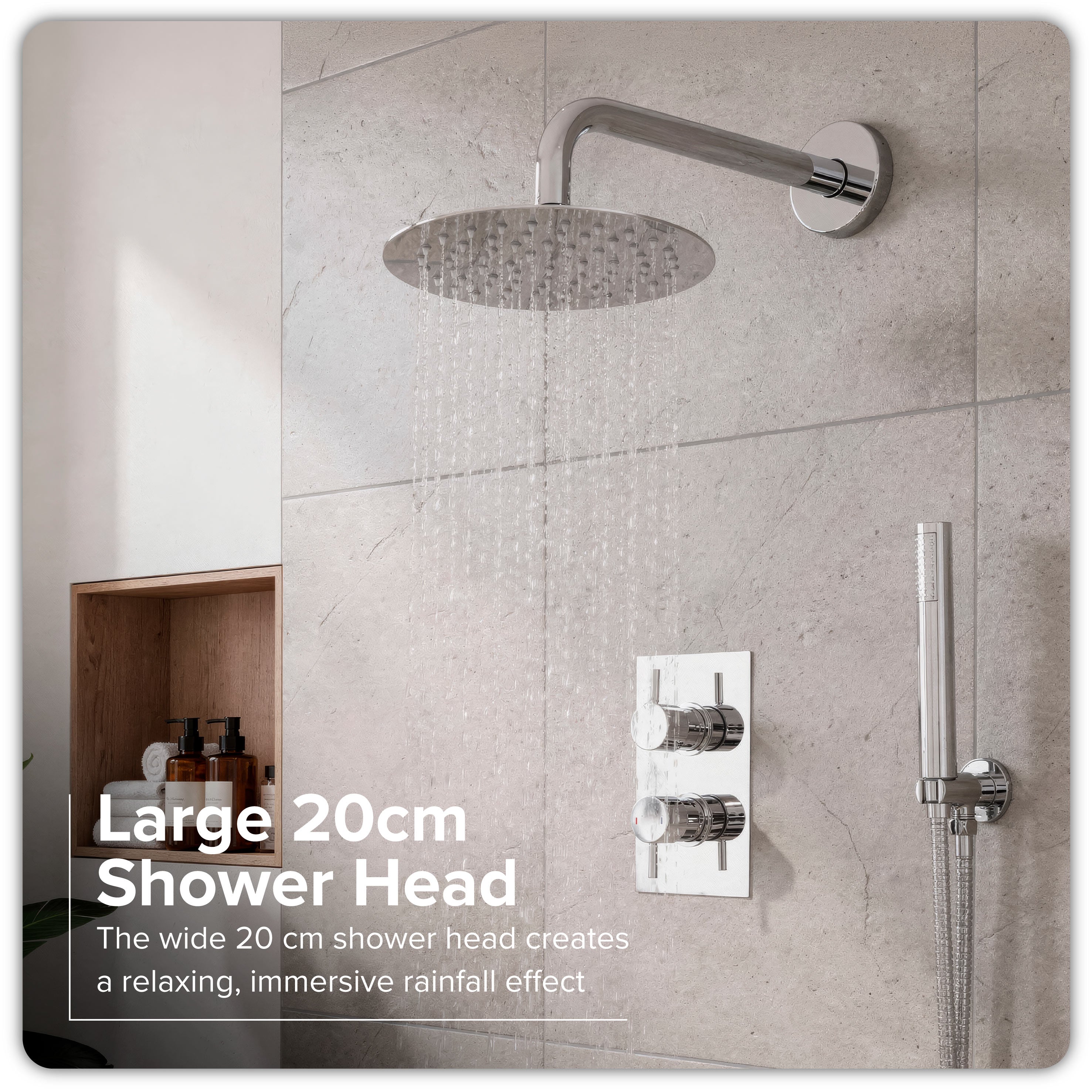 Baridi Concealed Thermostatic Shower Set, Dual Outlet, Ø20cm Round Shower Head & Hand Shower, Chrome - DH318