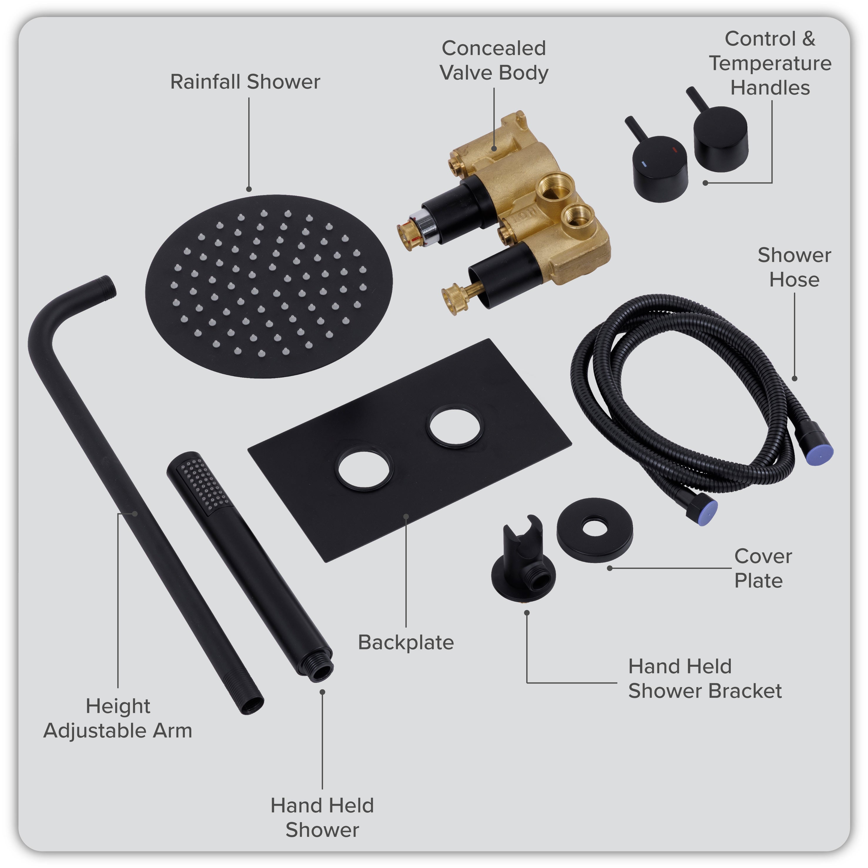 Baridi Concealed Thermostatic Shower Set, Dual Outlet, Ø20cm Round Shower Head & Hand Shower, Black - DH319