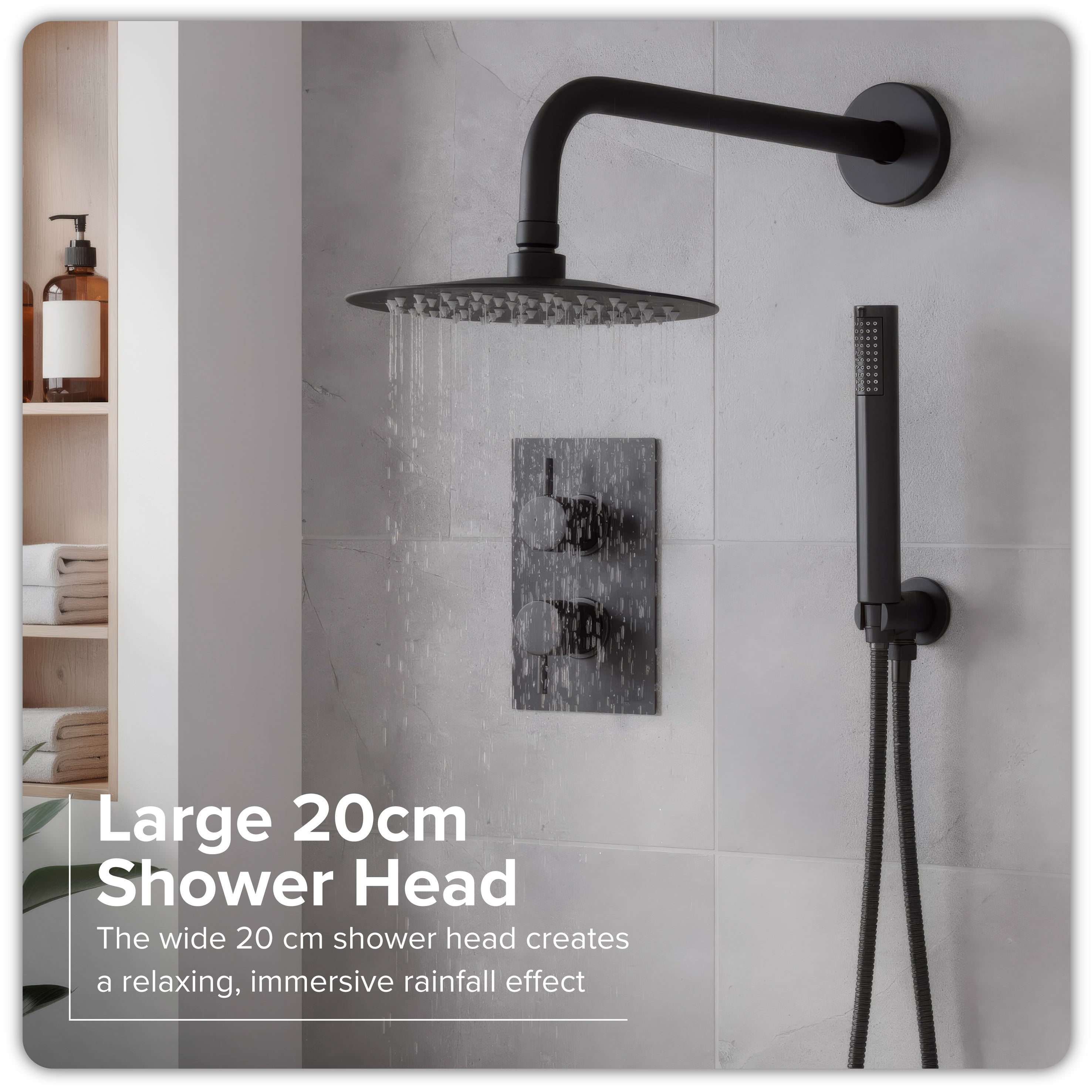 Baridi Concealed Thermostatic Shower Set, Dual Outlet, Ø20cm Round Shower Head & Hand Shower, Black - DH319