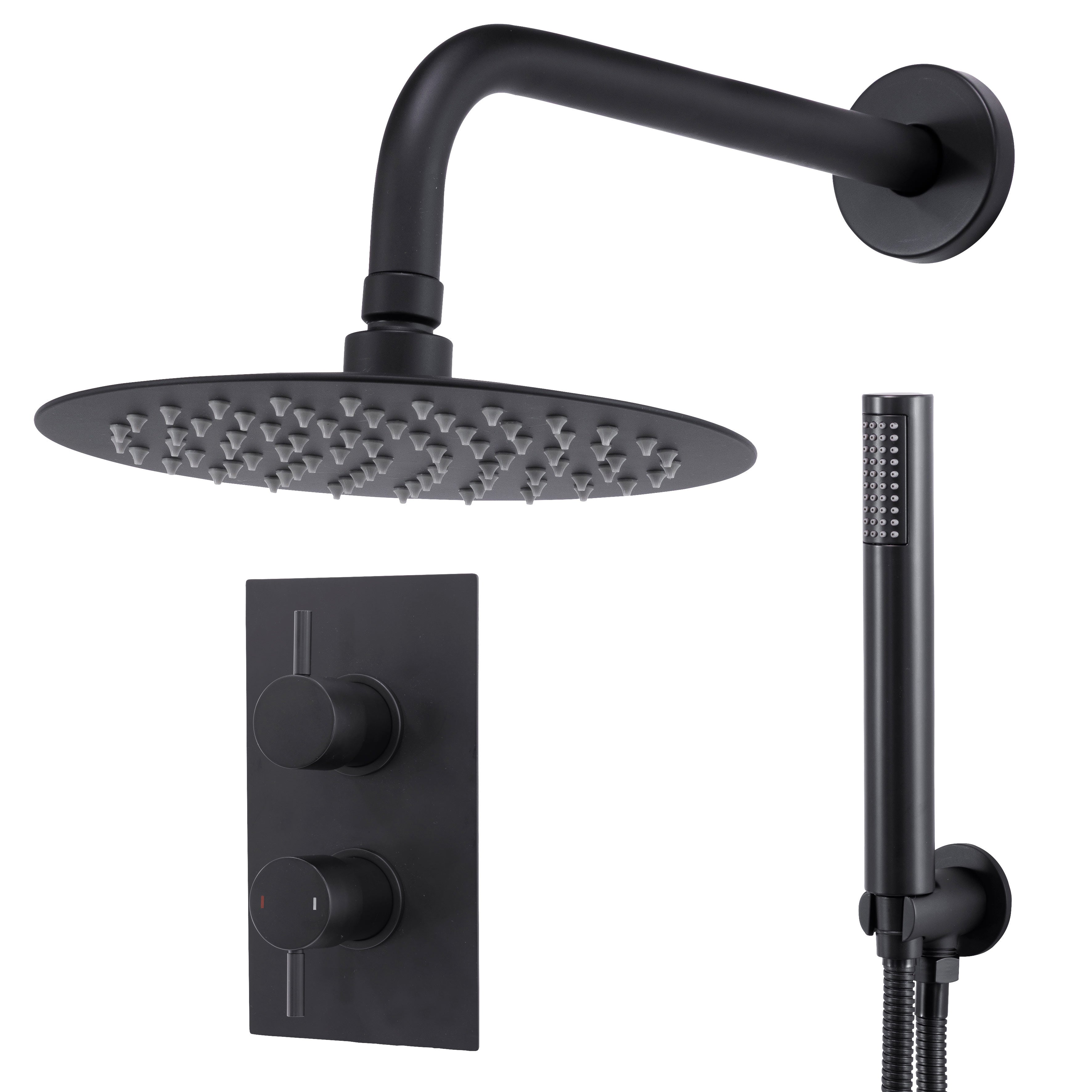 Baridi Concealed Thermostatic Shower Set, Dual Outlet, Ø20cm Round Shower Head & Hand Shower, Black - DH319