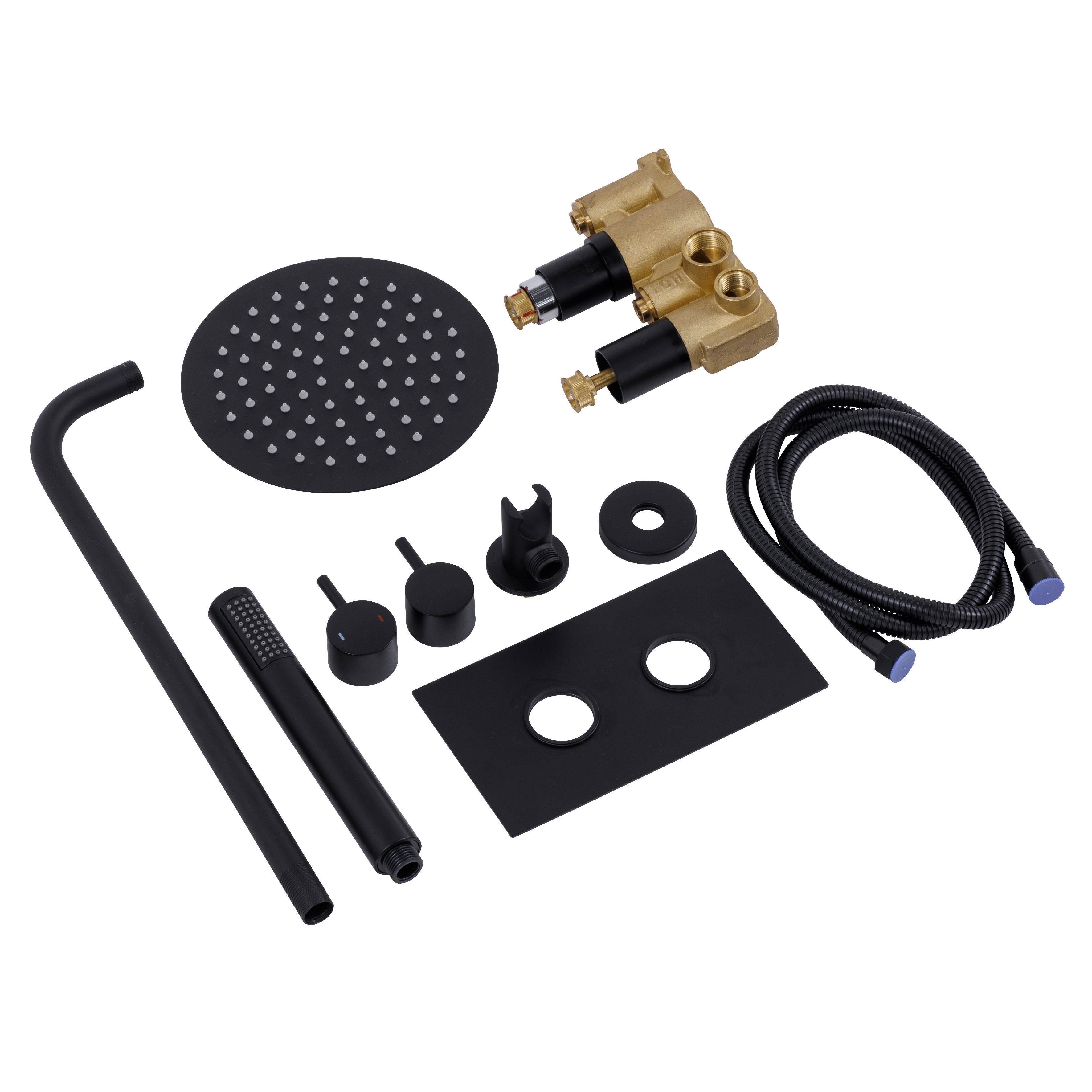 Baridi Concealed Thermostatic Shower Set, Dual Outlet, Ø20cm Round Shower Head & Hand Shower, Black - DH319