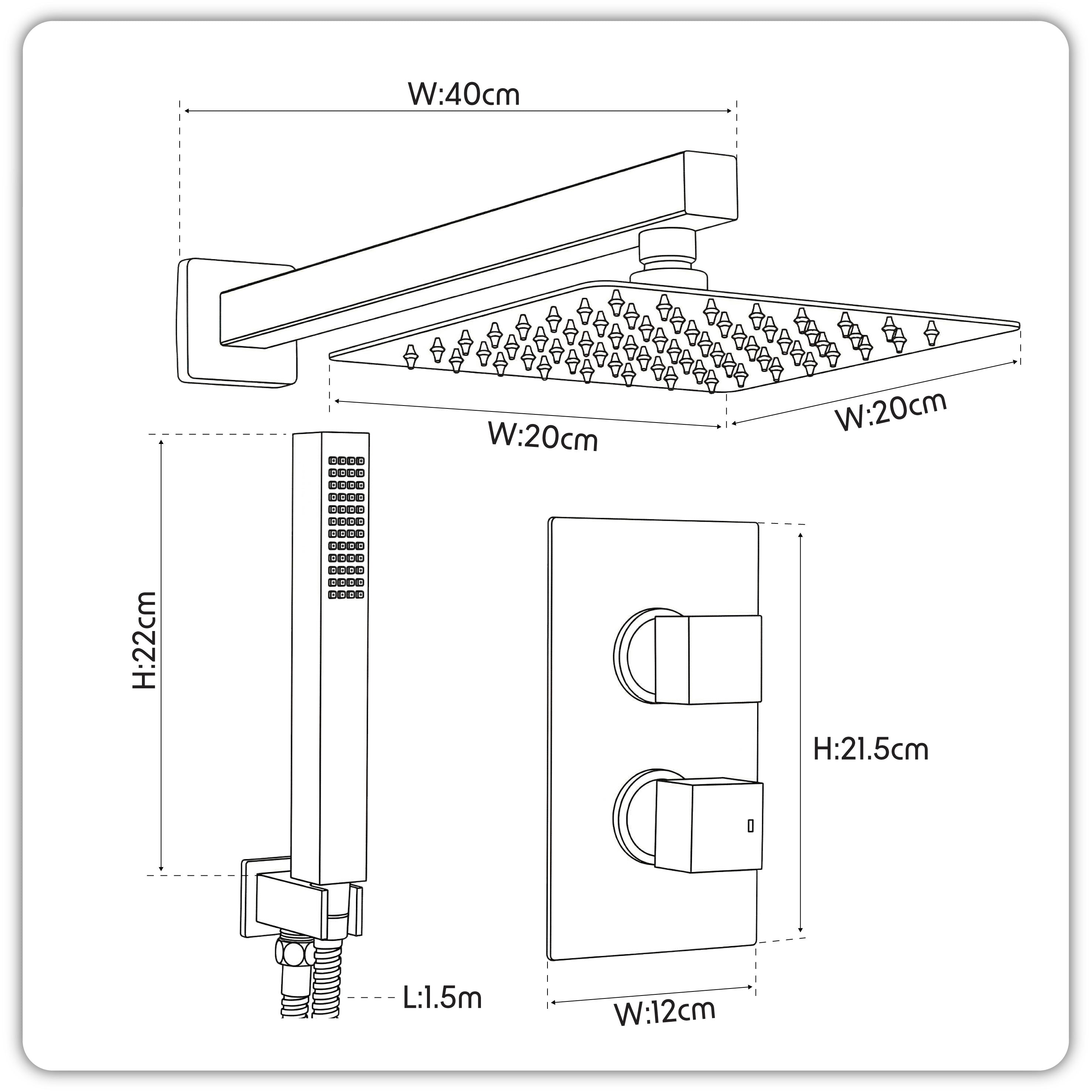 Baridi Concealed Thermostatic Shower Set 20 x 20cm Square Head & Hand Shower, Black - DH321