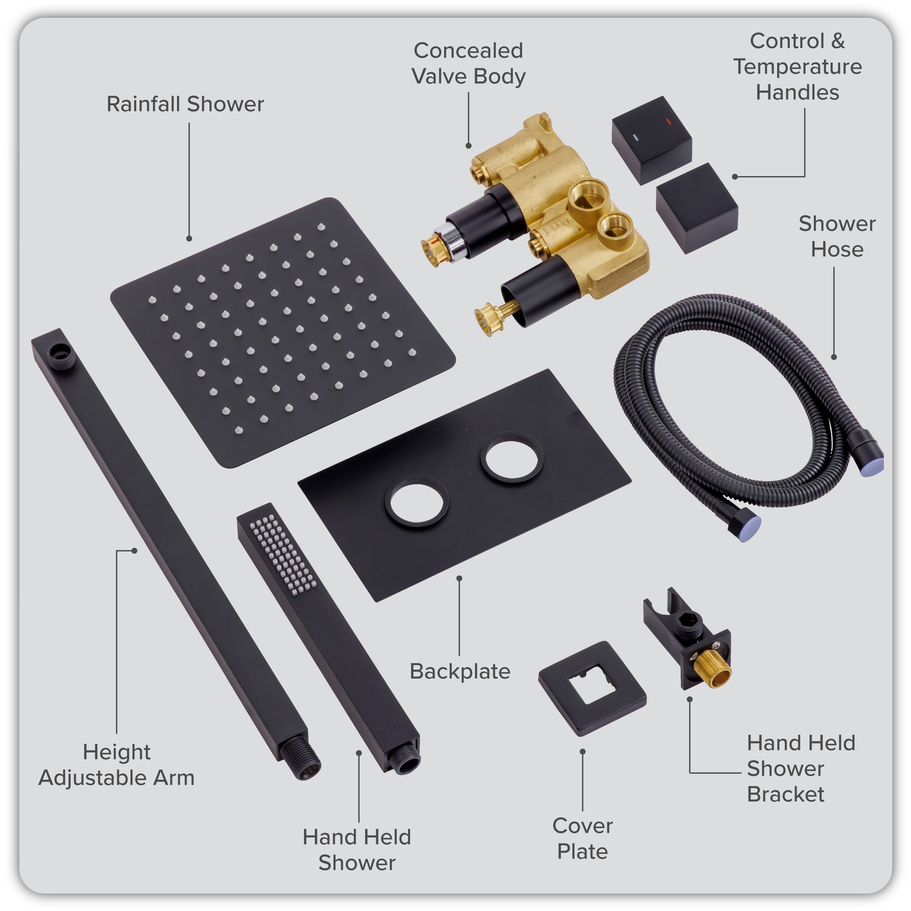 Baridi Concealed Thermostatic Shower Set 20 x 20cm Square Head & Hand Shower, Black - DH321
