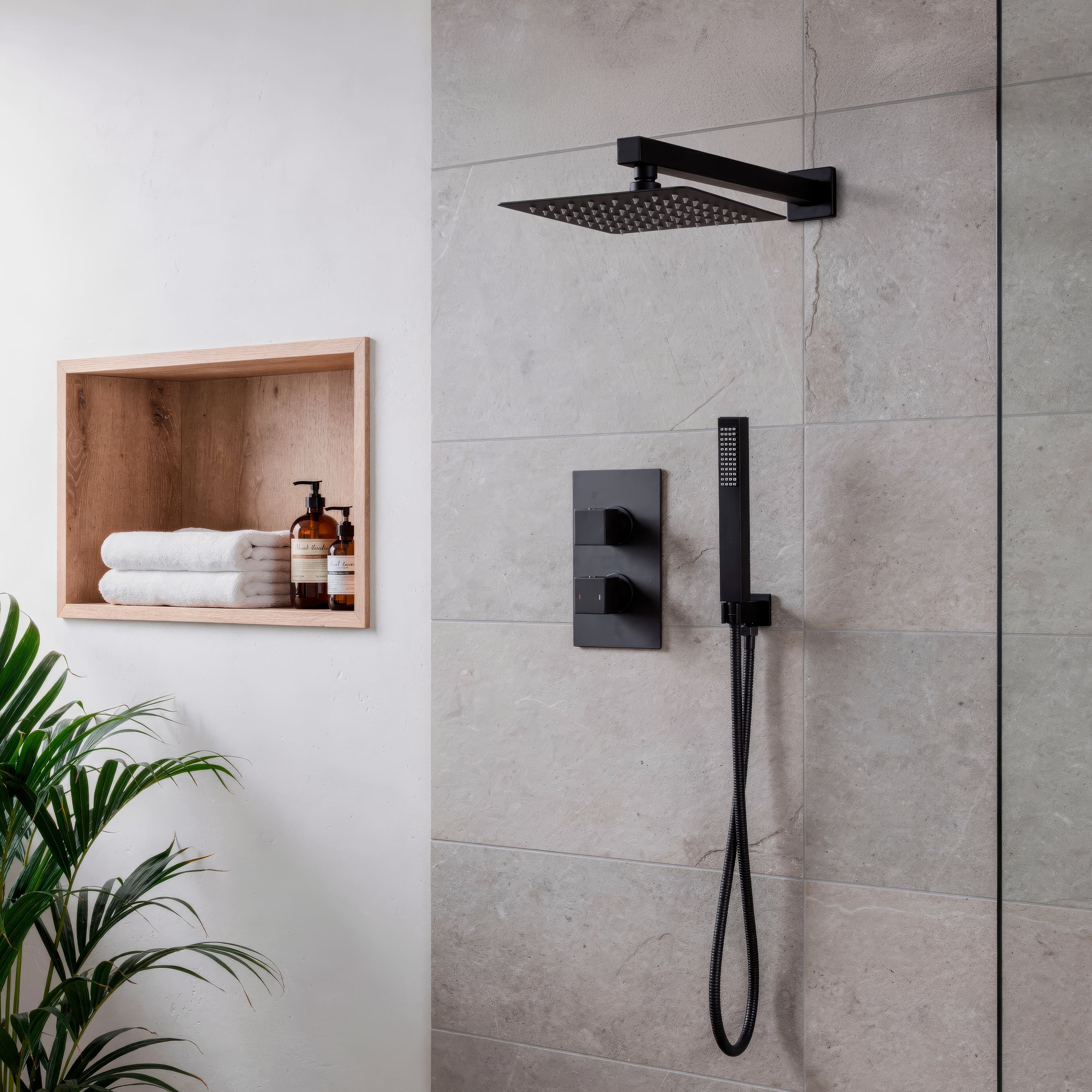 Concealed Thermostatic Shower Set 20 x 20cm Square Head & Hand Shower - Black