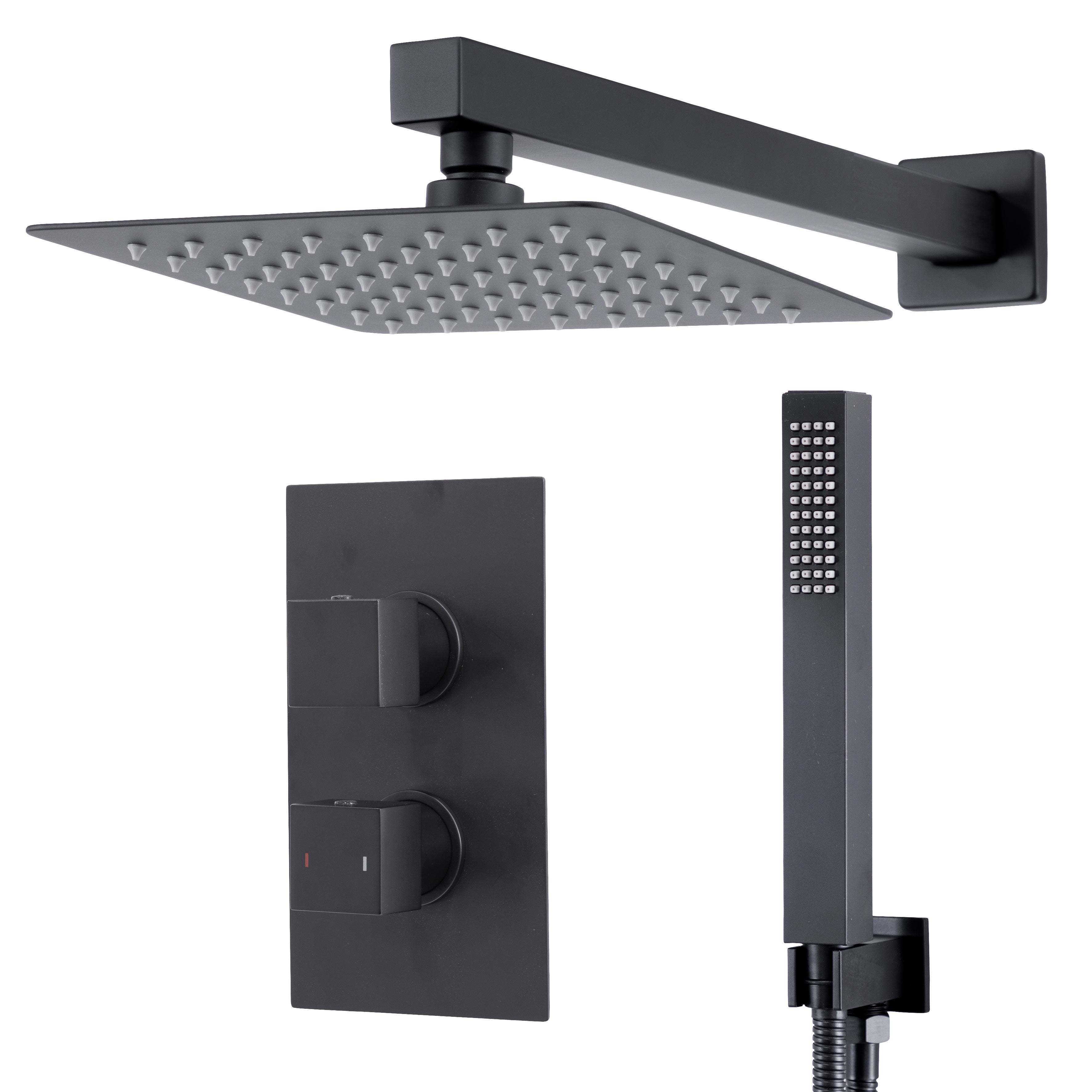 Baridi Concealed Thermostatic Shower Set 20 x 20cm Square Head & Hand Shower, Black - DH321