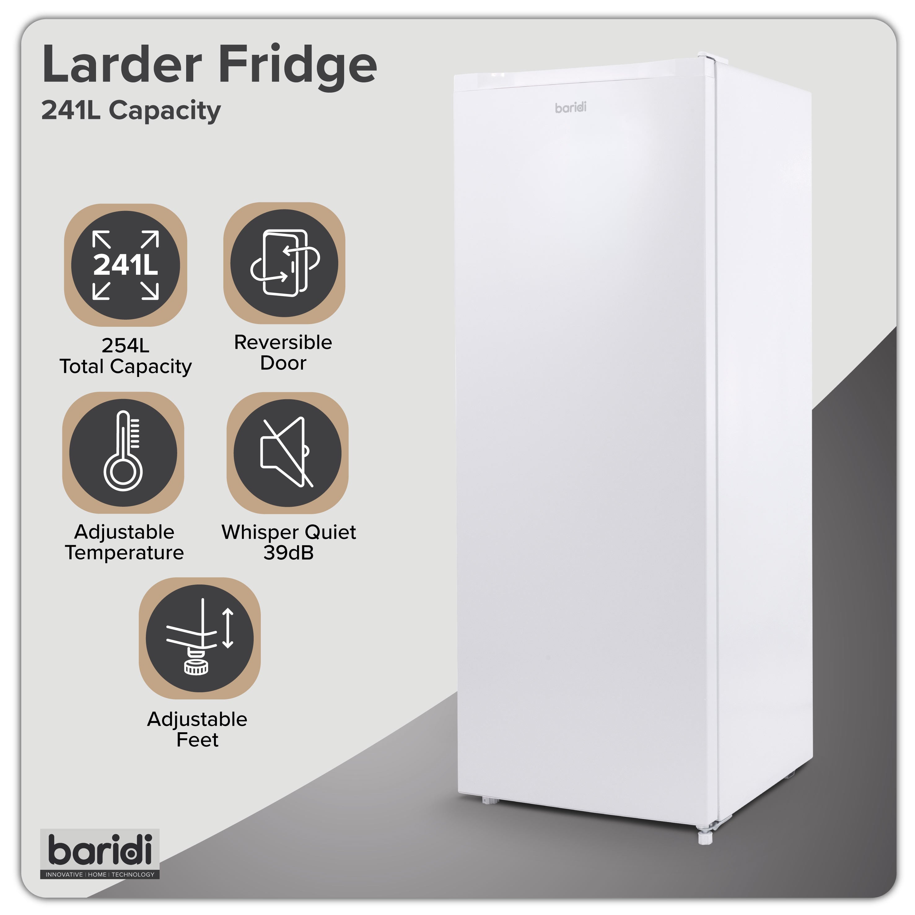 Baridi Freestanding Tall Larder Fridge, 241L Capacity with Reversible Door, 55cm Wide, White – DH322