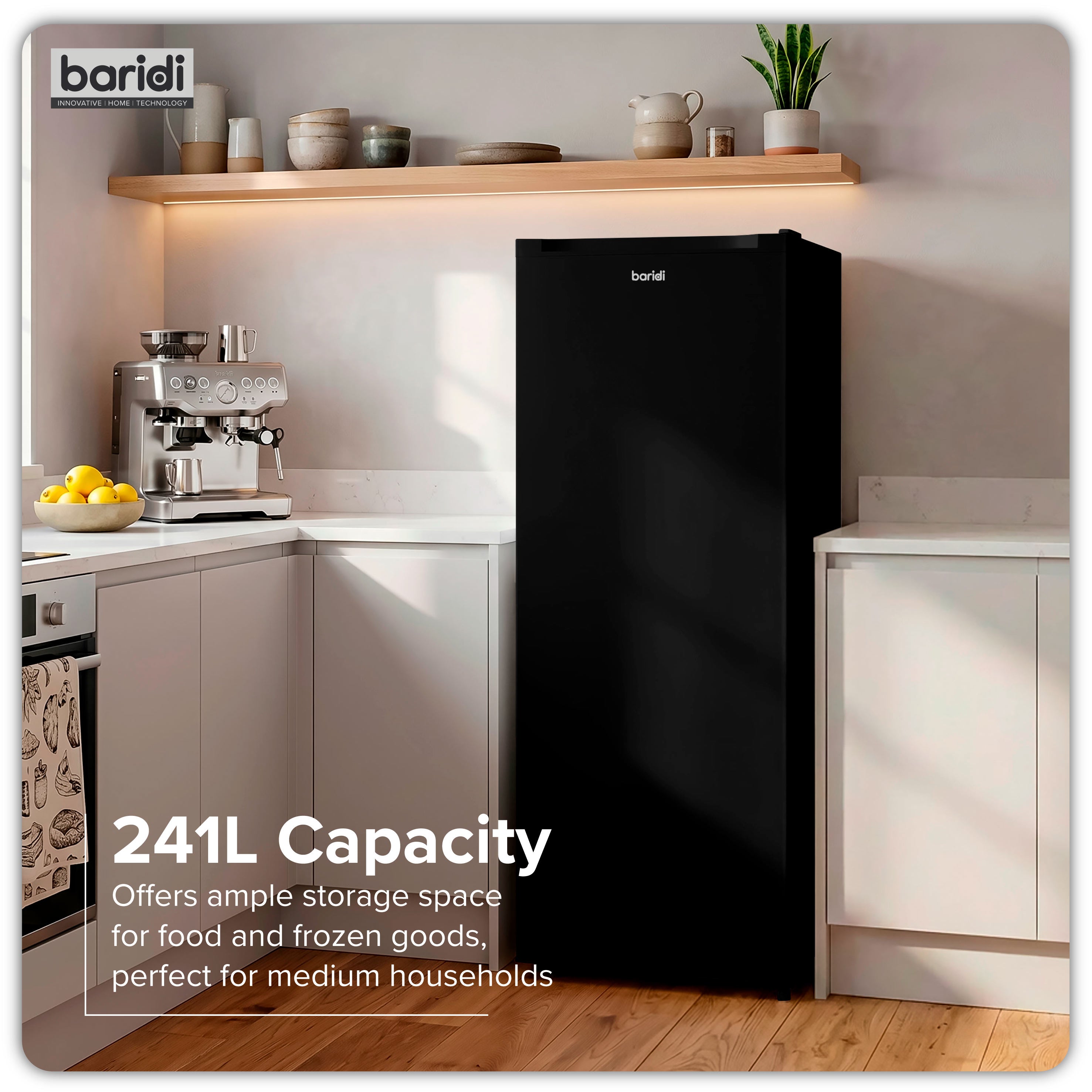 Baridi Freestanding Tall Larder Fridge, 241L Capacity with Reversible Door, 55cm Wide, Black – DH323