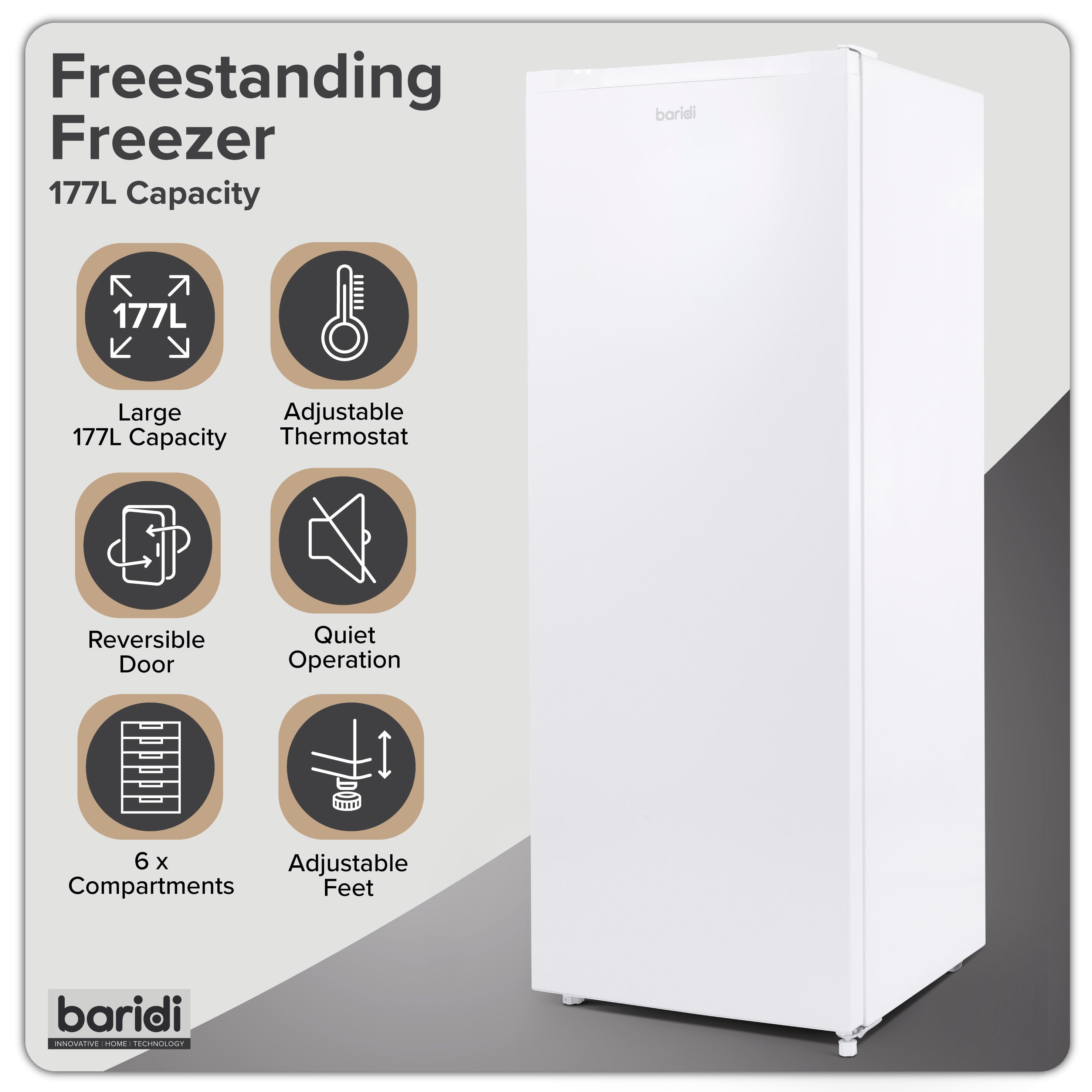 Baridi Freestanding Tall Freezer, 177L Capacity with Reversible Door, White – DH324