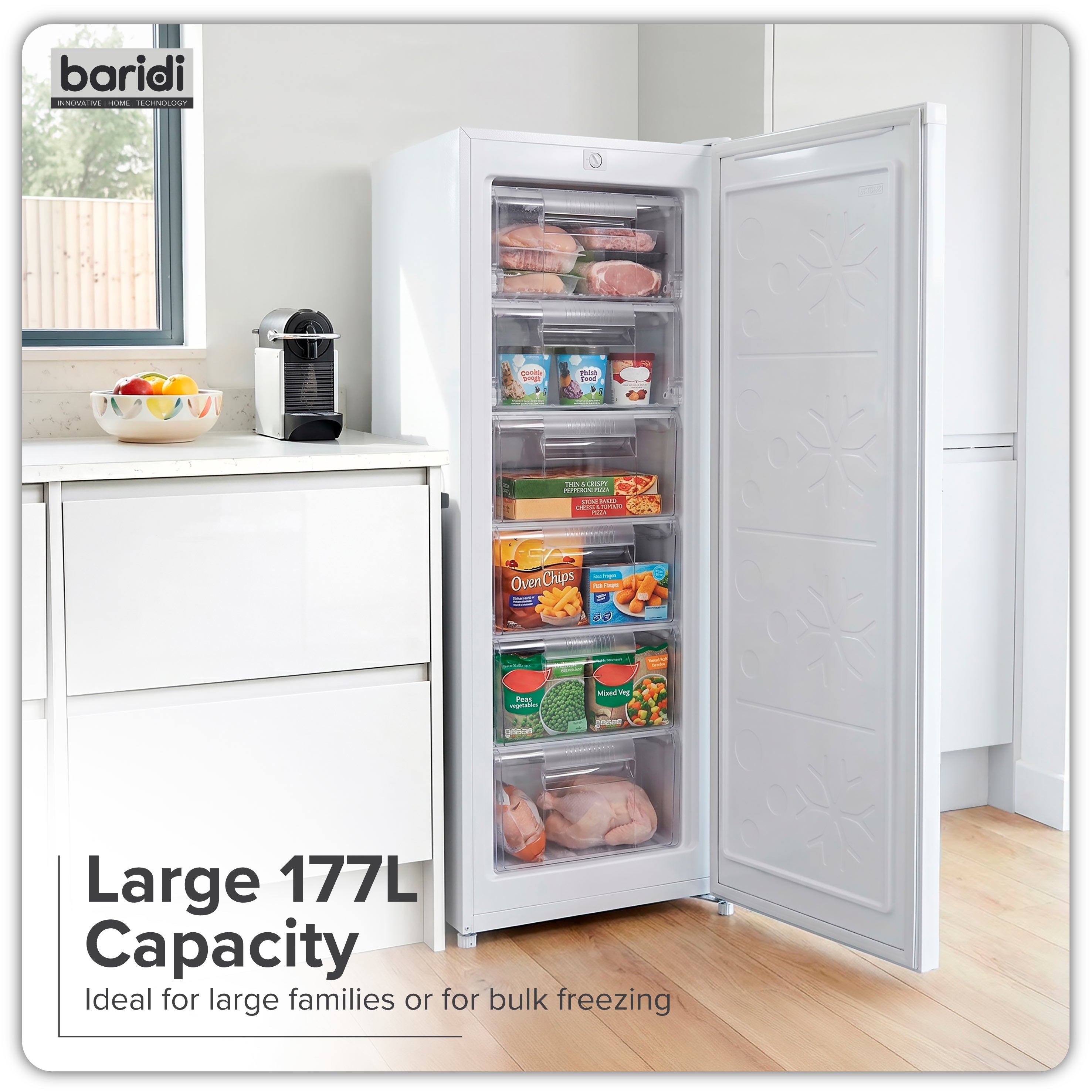 Baridi Freestanding Tall Freezer, 177L Capacity with Reversible Door, White – DH324
