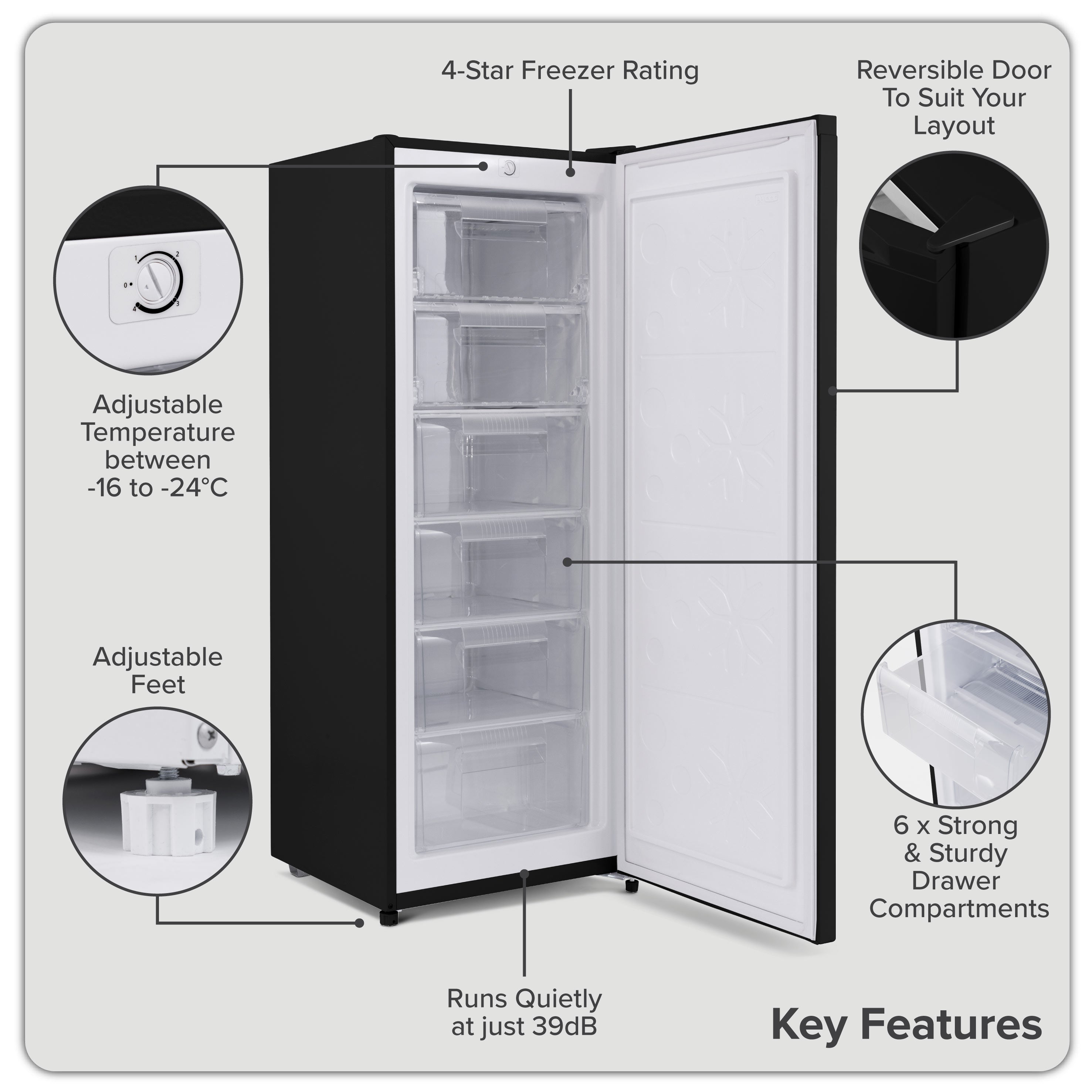 Baridi Freestanding Tall Freezer, 177L Capacity with Reversible Door, Black – DH325