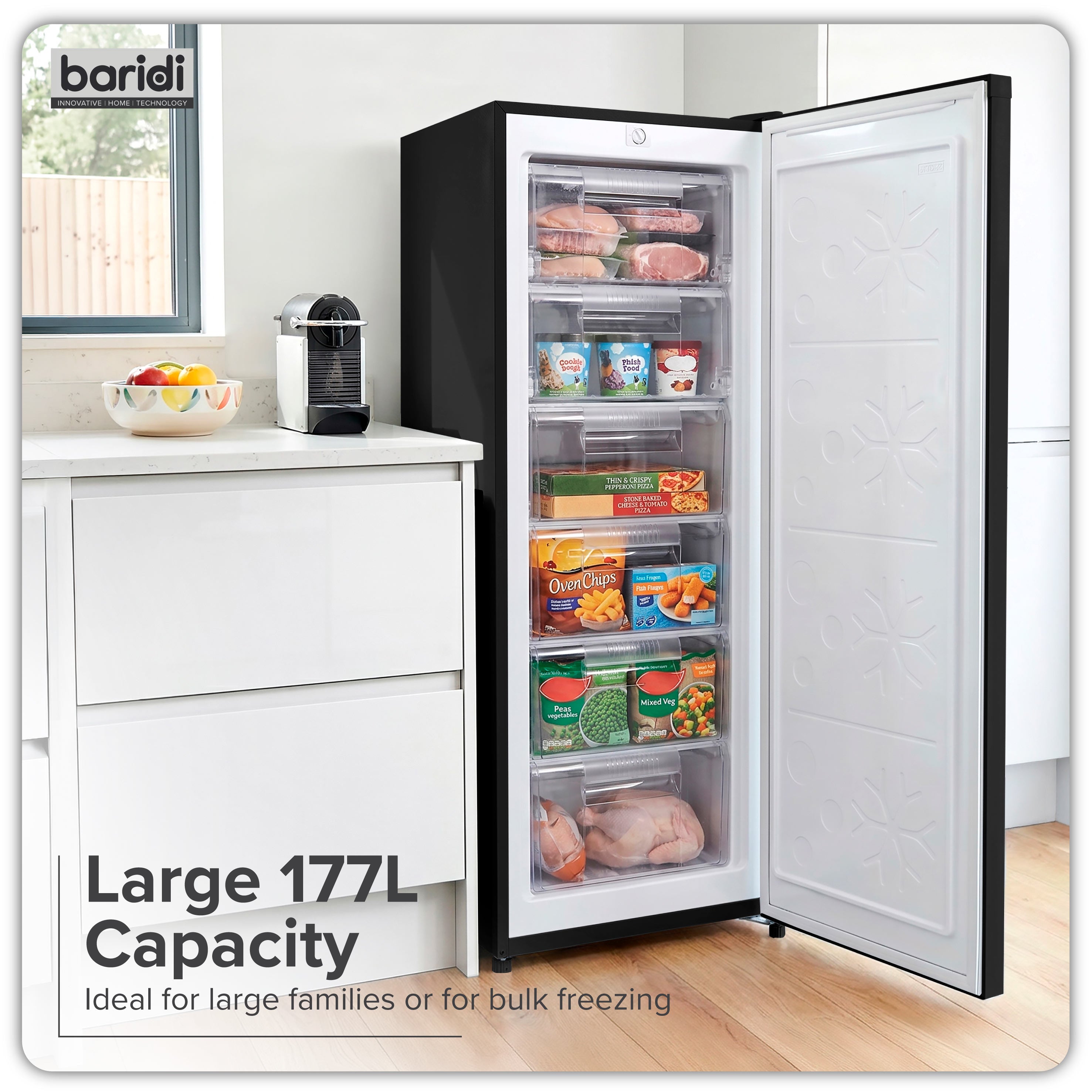 Baridi Freestanding Tall Freezer, 177L Capacity with Reversible Door, Black – DH325