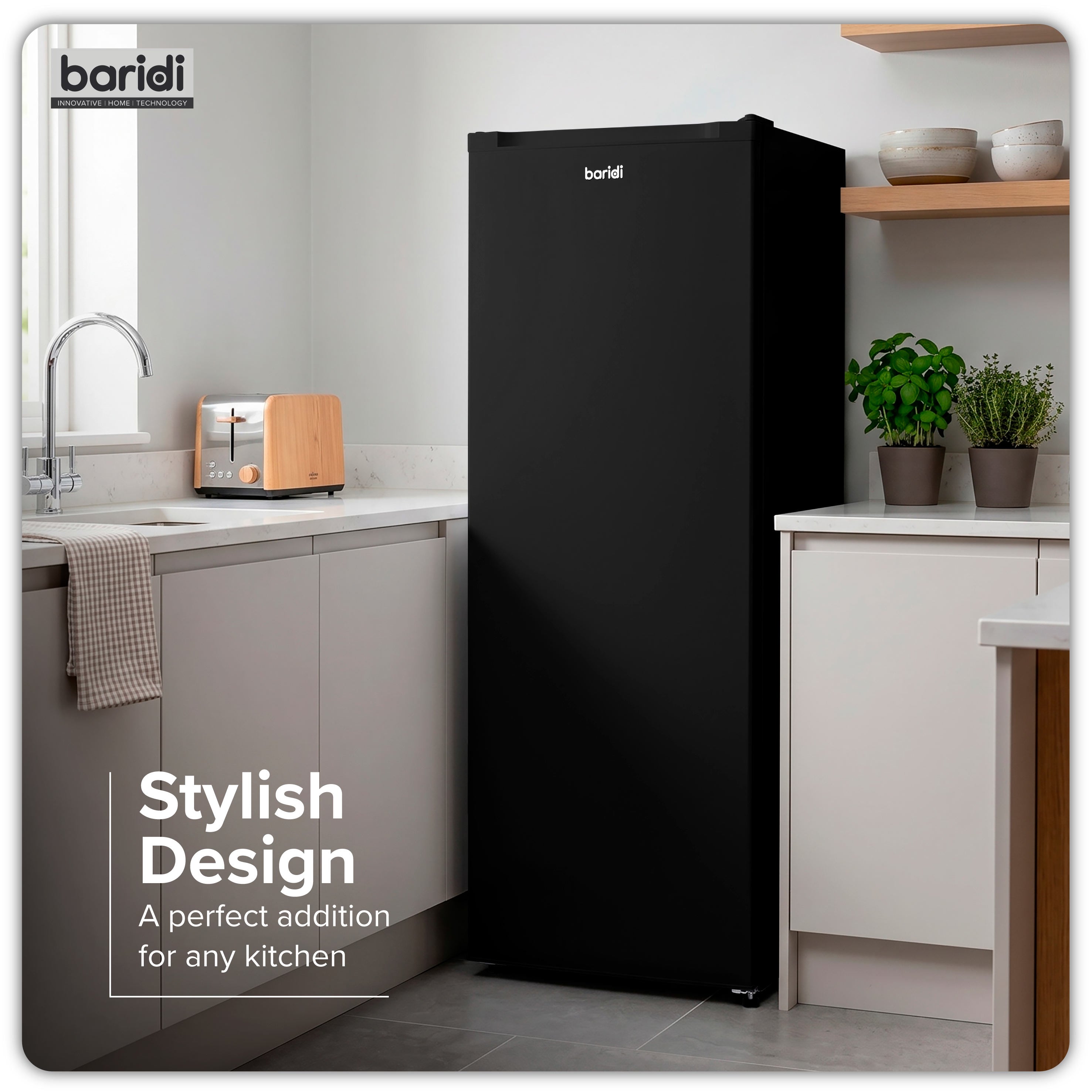 Baridi Freestanding Tall Freezer, 177L Capacity with Reversible Door, Black – DH325