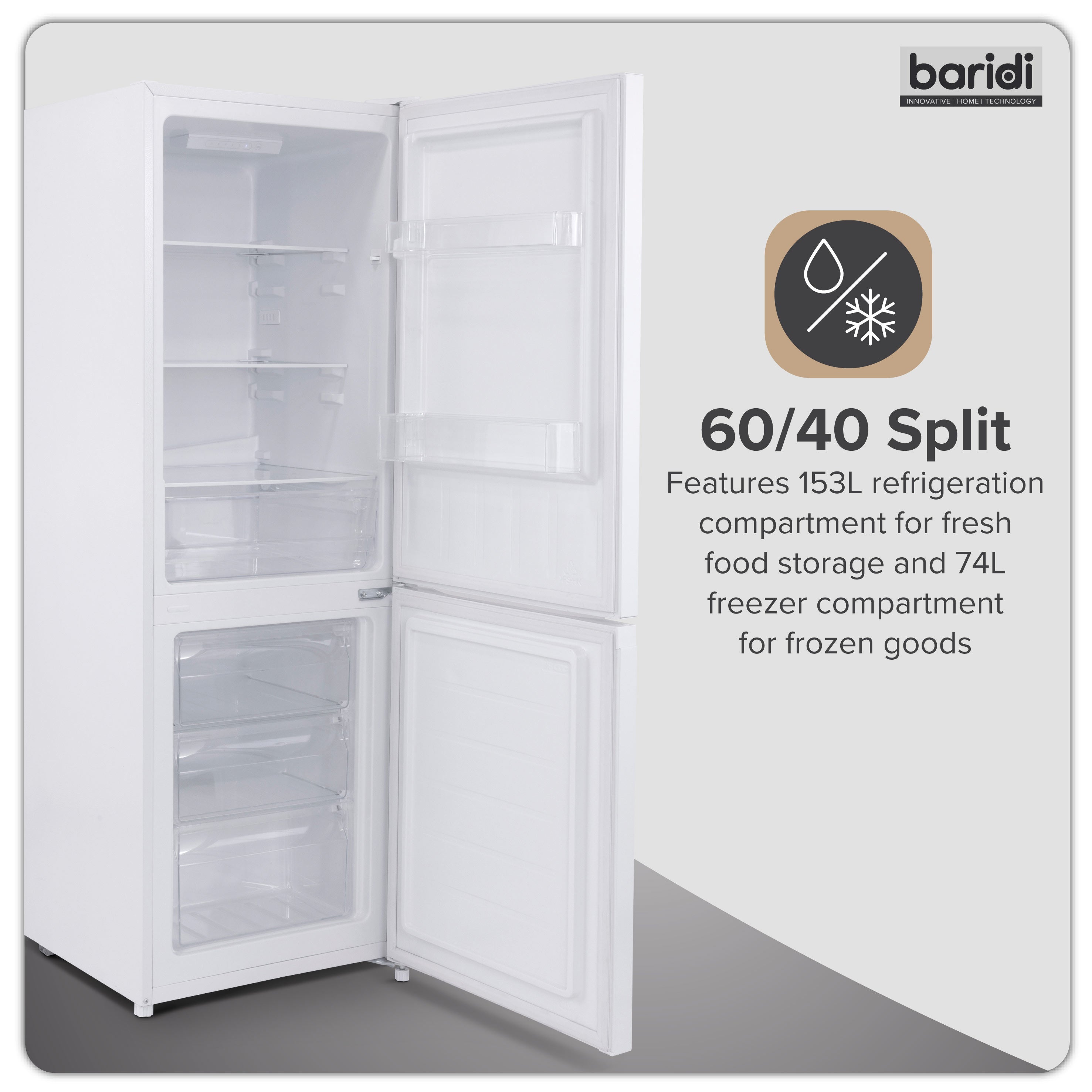 Baridi 60/40 Smart Frost Fridge Freezer 227L Capacity, White - DH326