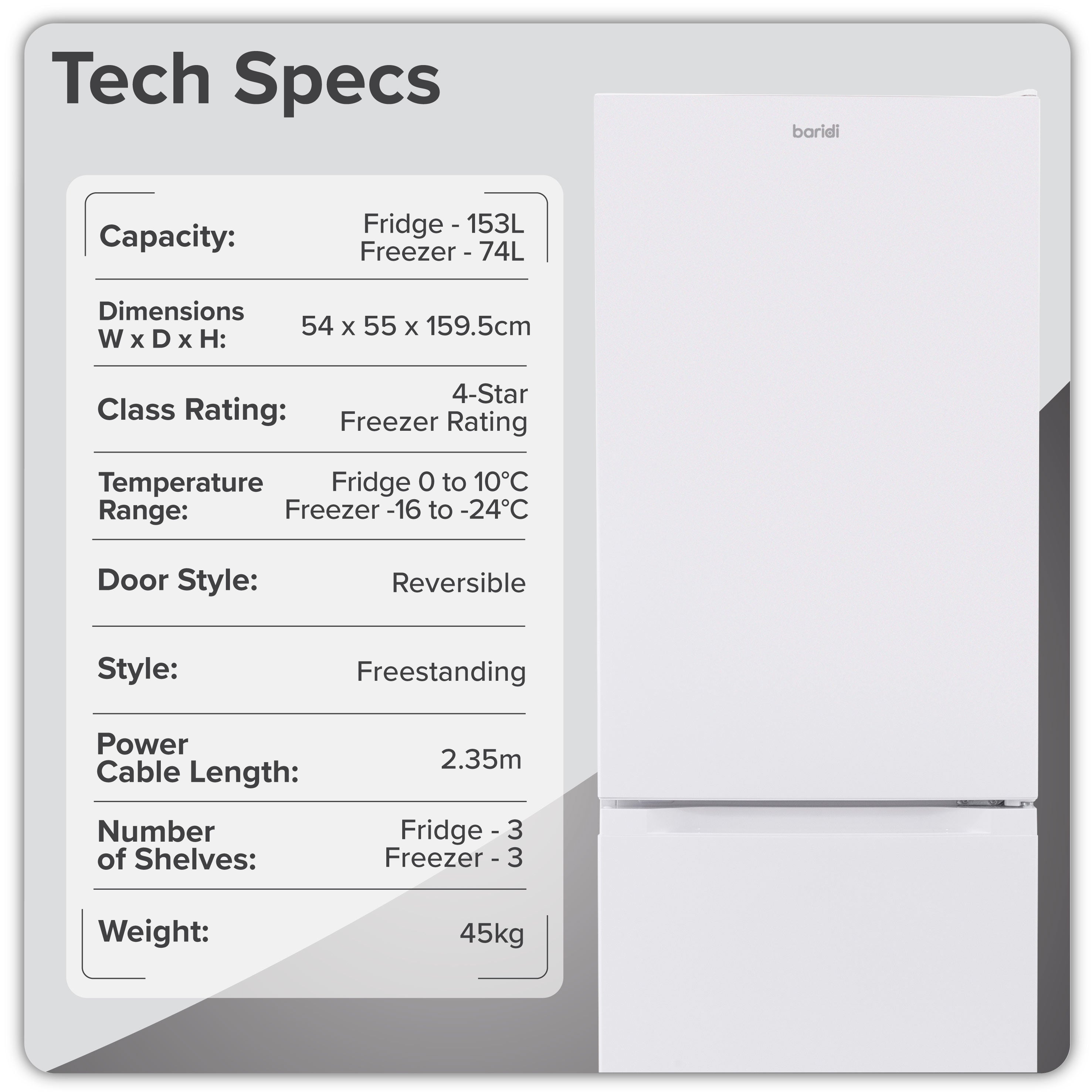 Baridi 60/40 Smart Frost Fridge Freezer 227L Capacity, White - DH326